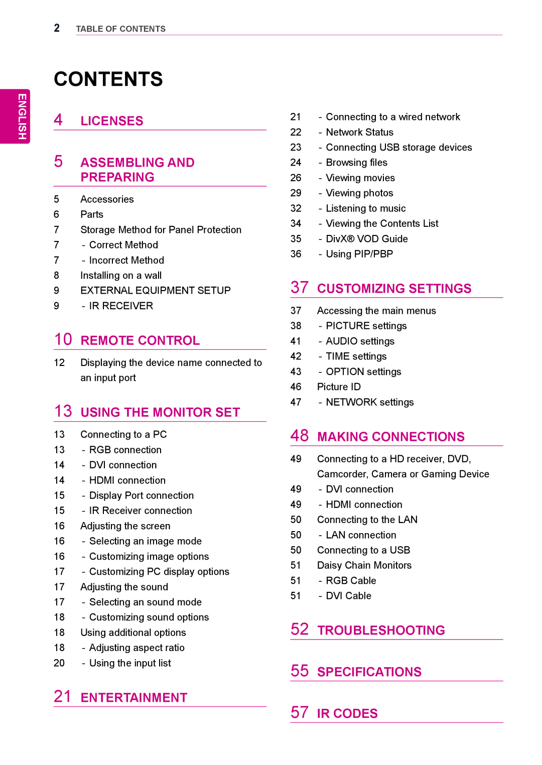 LG Electronics 38WR50MS owner manual Contents 