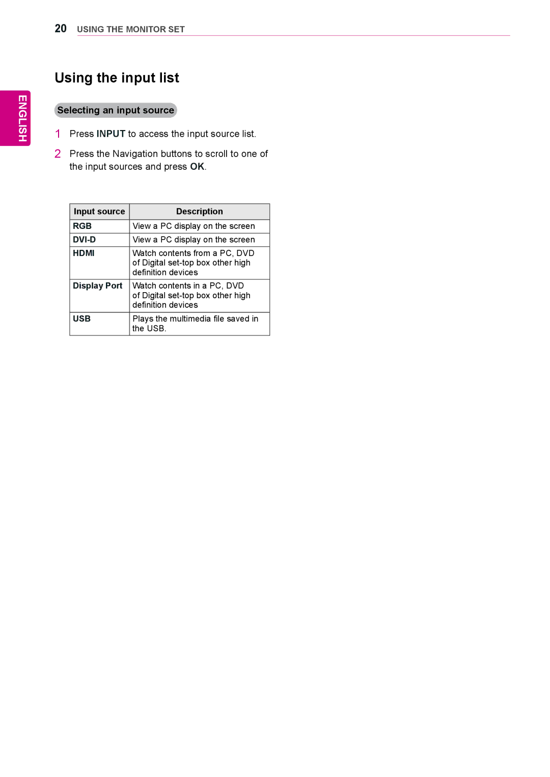 LG Electronics 38WR50MS owner manual Using the input list, Selecting an input source, Dvi-D, Display Port, Usb 