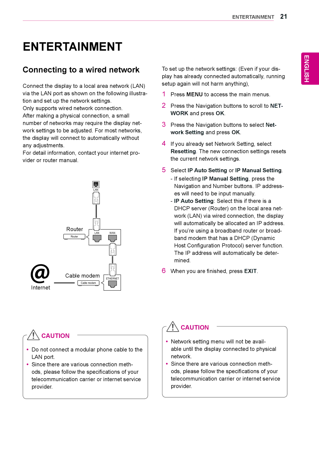 LG Electronics 38WR50MS Entertainment, Connecting to a wired network, Select IP Auto Setting or IP Manual Setting 