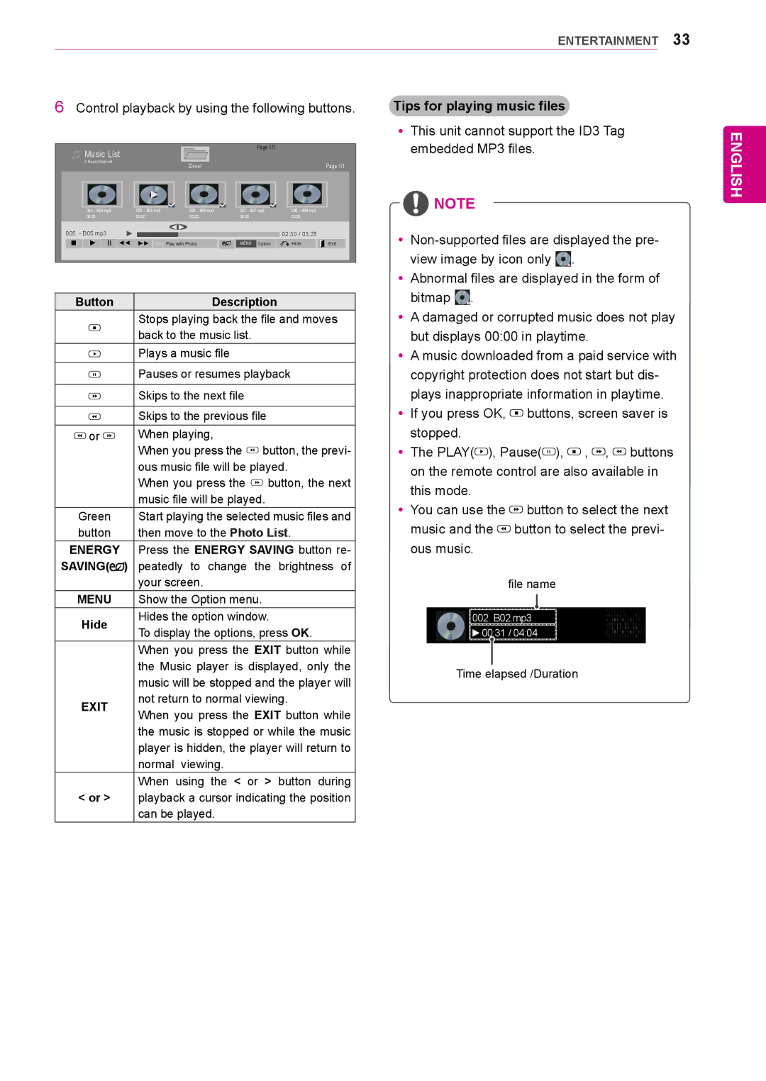 LG Electronics 38WR50MS owner manual Control playback by using the following buttons, Tips for playing music files 