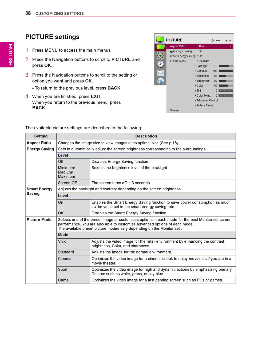 LG Electronics 38WR50MS owner manual Picture settings 