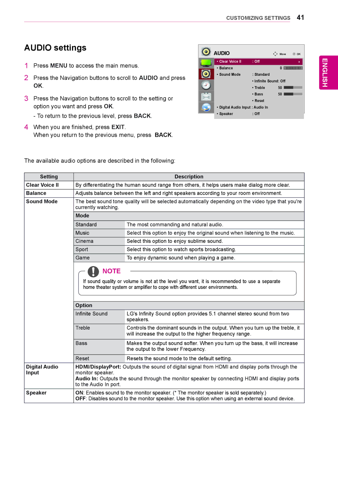 LG Electronics 38WR50MS owner manual Audio settings 