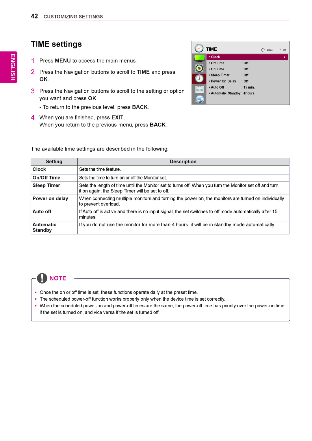 LG Electronics 38WR50MS owner manual Time settings 