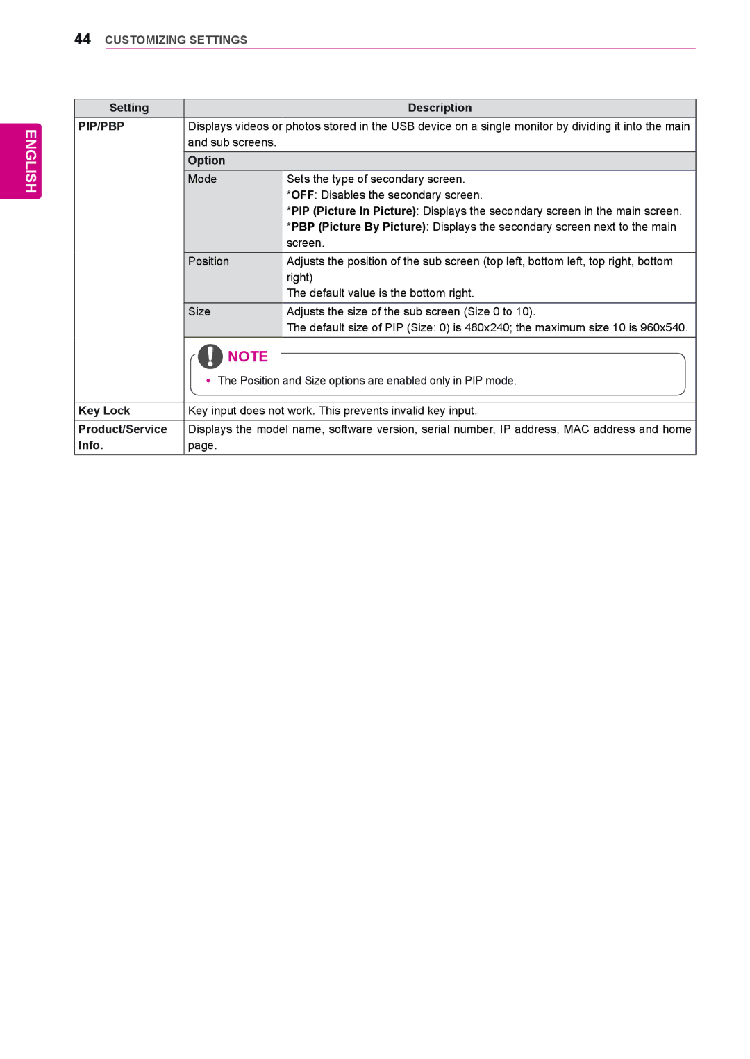 LG Electronics 38WR50MS owner manual Key Lock, Product/Service, Info 