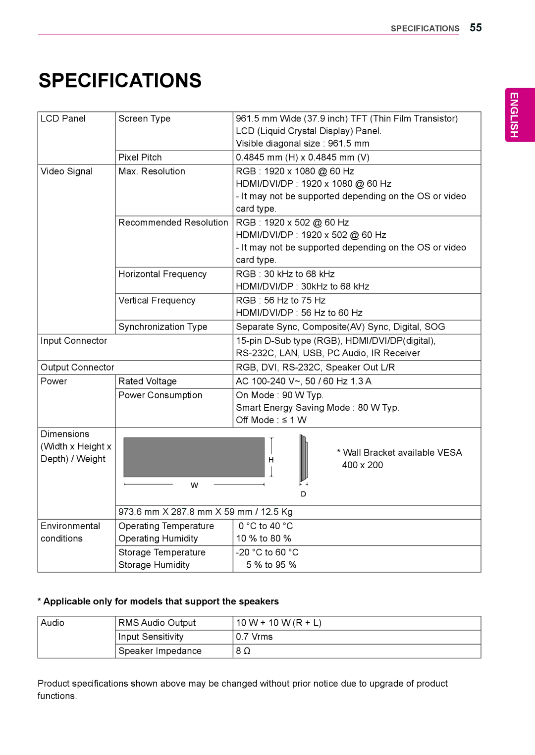 LG Electronics 38WR50MS owner manual Specifications, Applicable only for models that support the speakers 