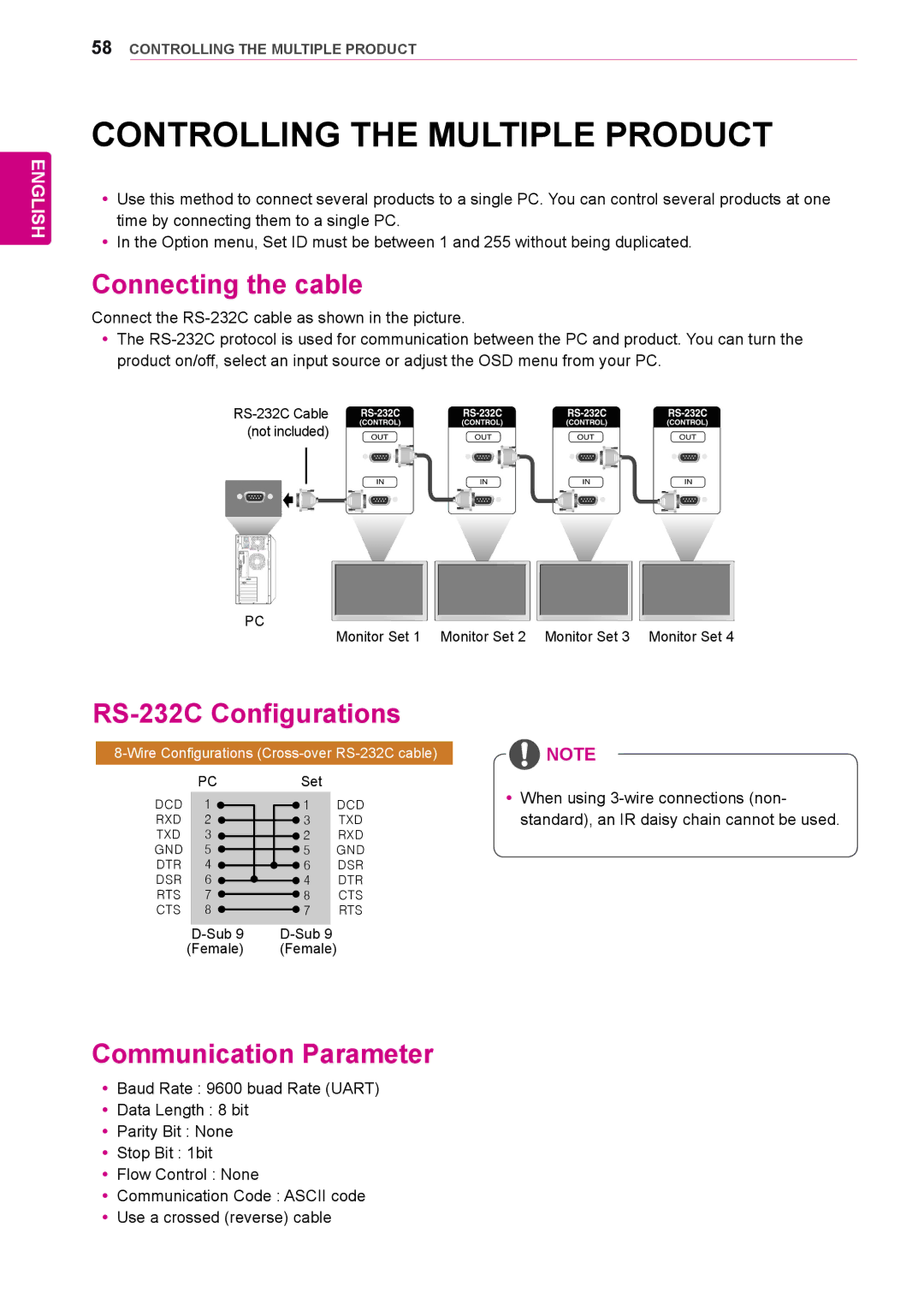 LG Electronics 38WR50MS owner manual Controlling the Multiple Product, Connecting the cable, RS-232C Configurations 