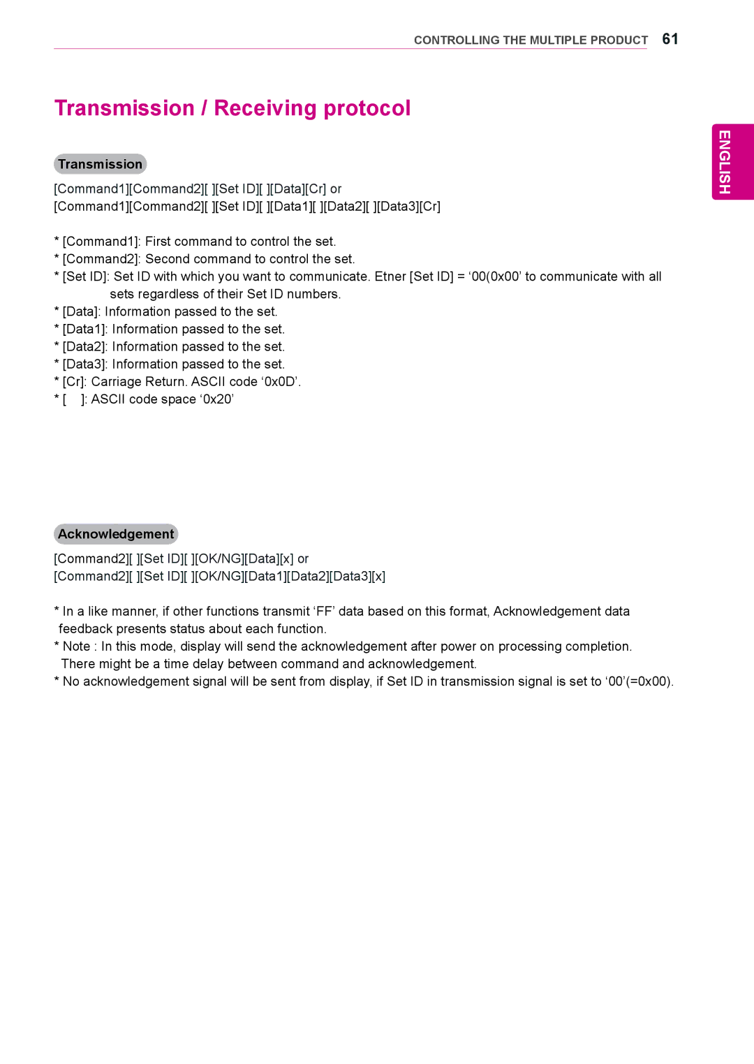 LG Electronics 38WR50MS owner manual Transmission / Receiving protocol, Acknowledgement 