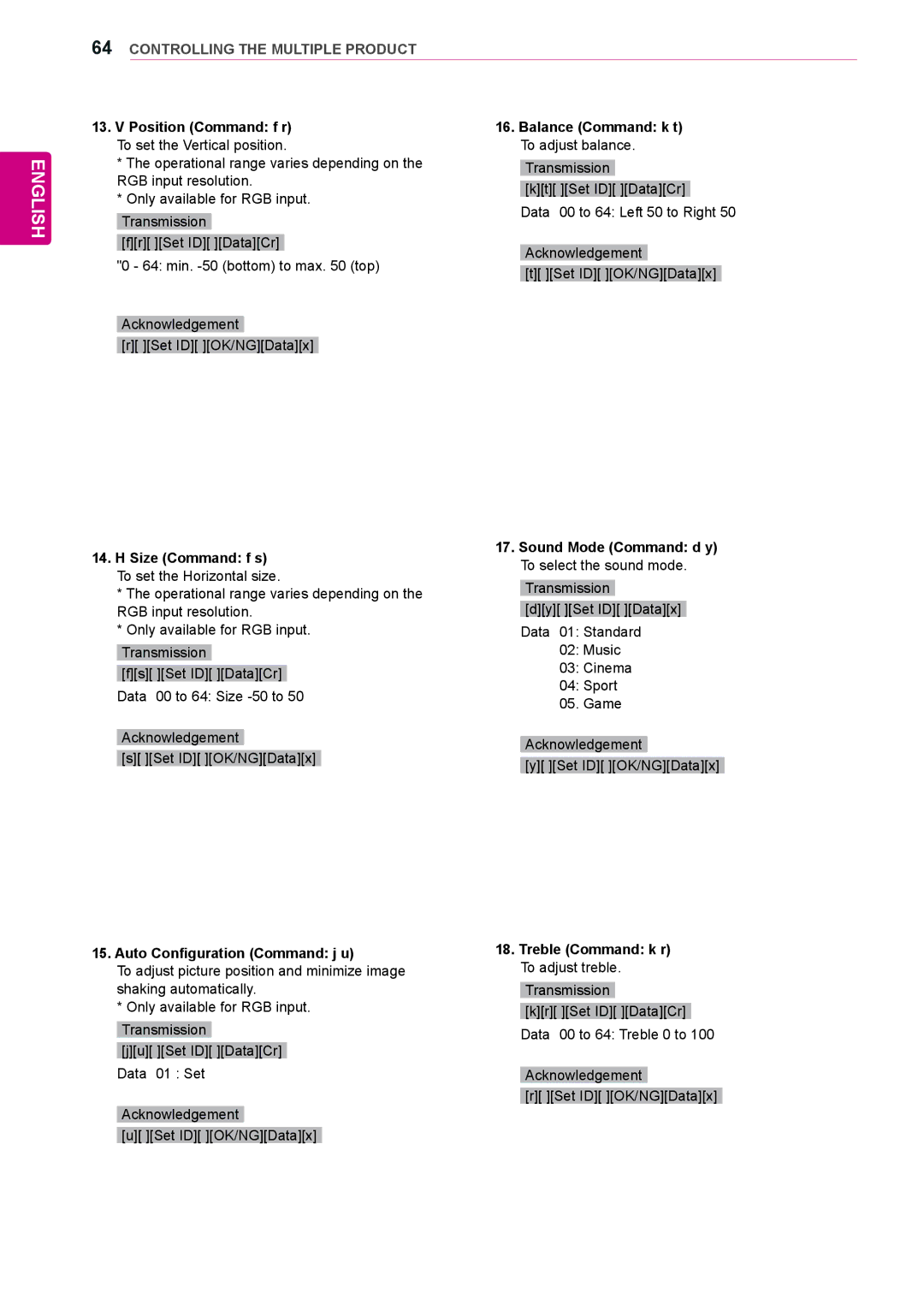 LG Electronics 38WR50MS owner manual Size Command f s To set the Horizontal size, Auto Configuration Command j u 