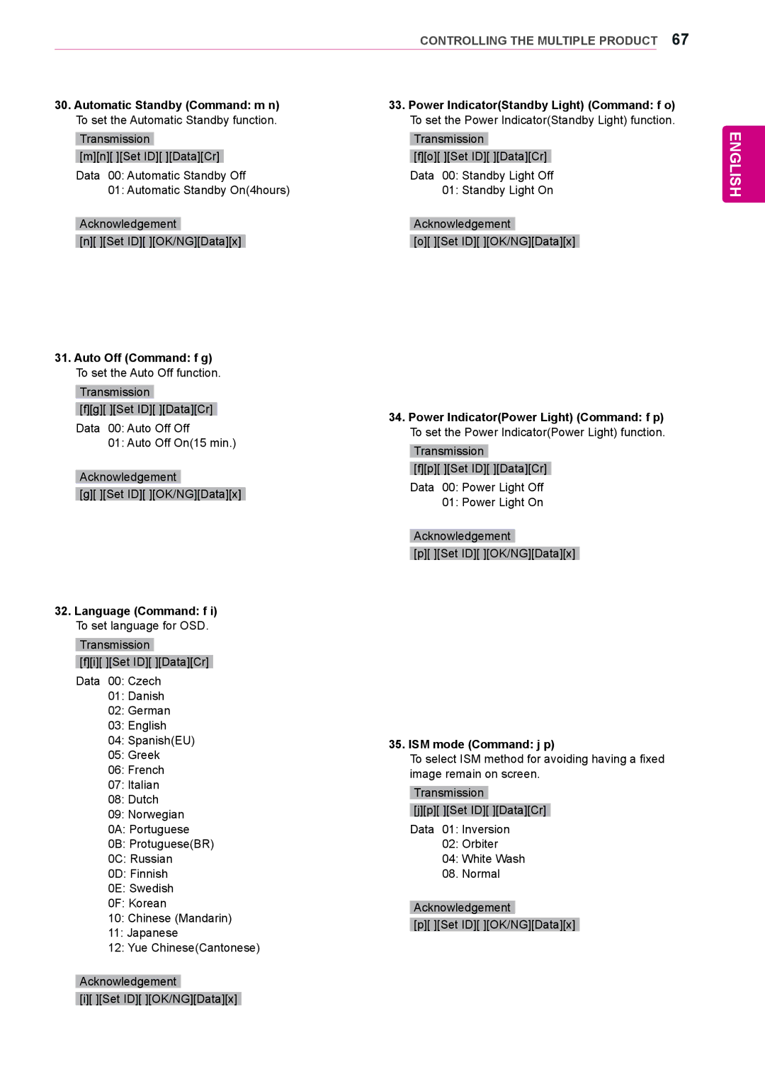 LG Electronics 38WR50MS owner manual Language Command f i To set language for OSD, ISM mode Command j p 