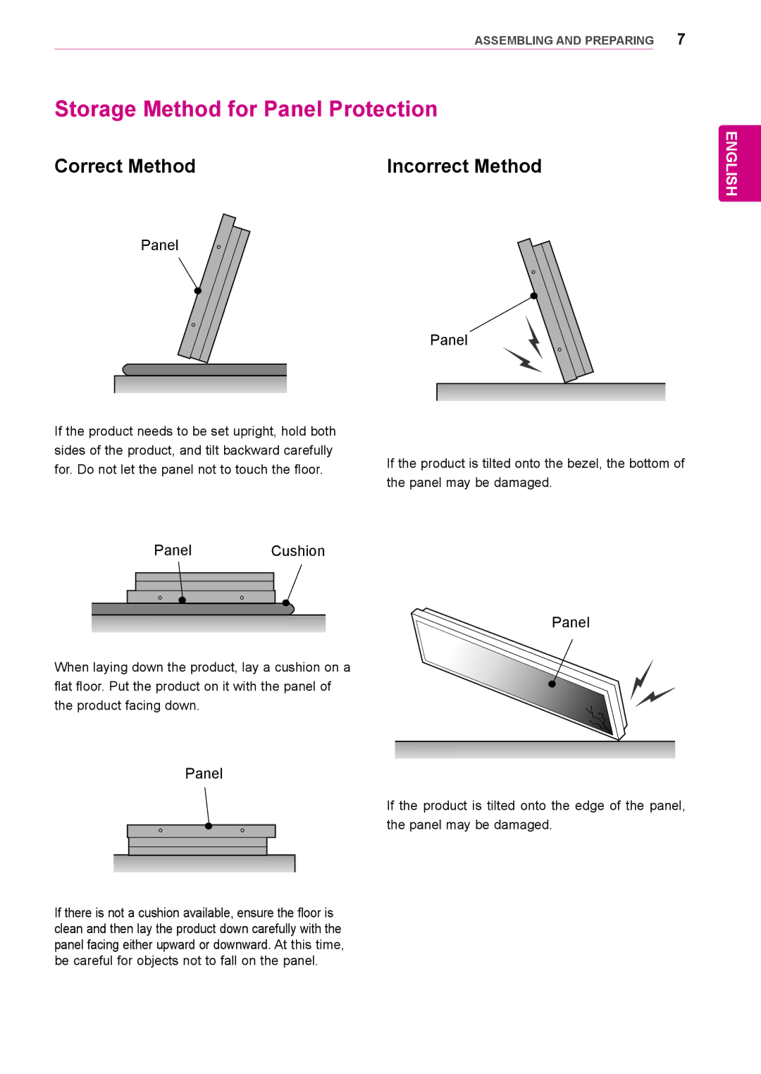 LG Electronics 38WR50MS owner manual Storage Method for Panel Protection, Correct Method Incorrect Method 