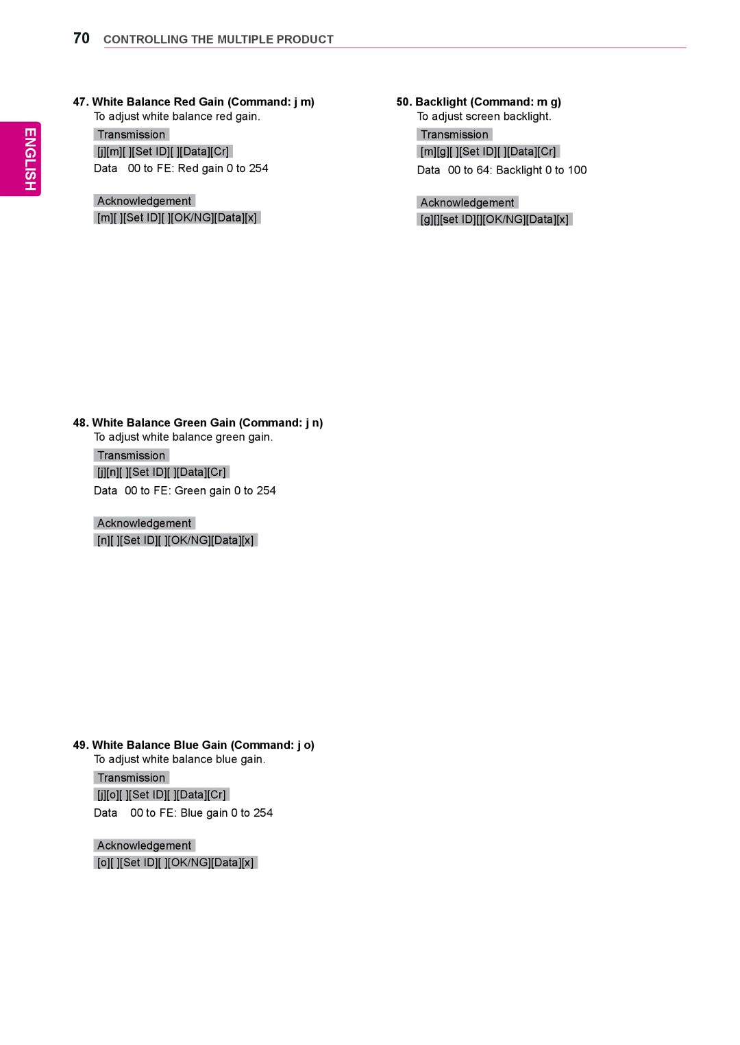 LG Electronics 38WR50MS owner manual Backlight Command m g To adjust screen backlight 