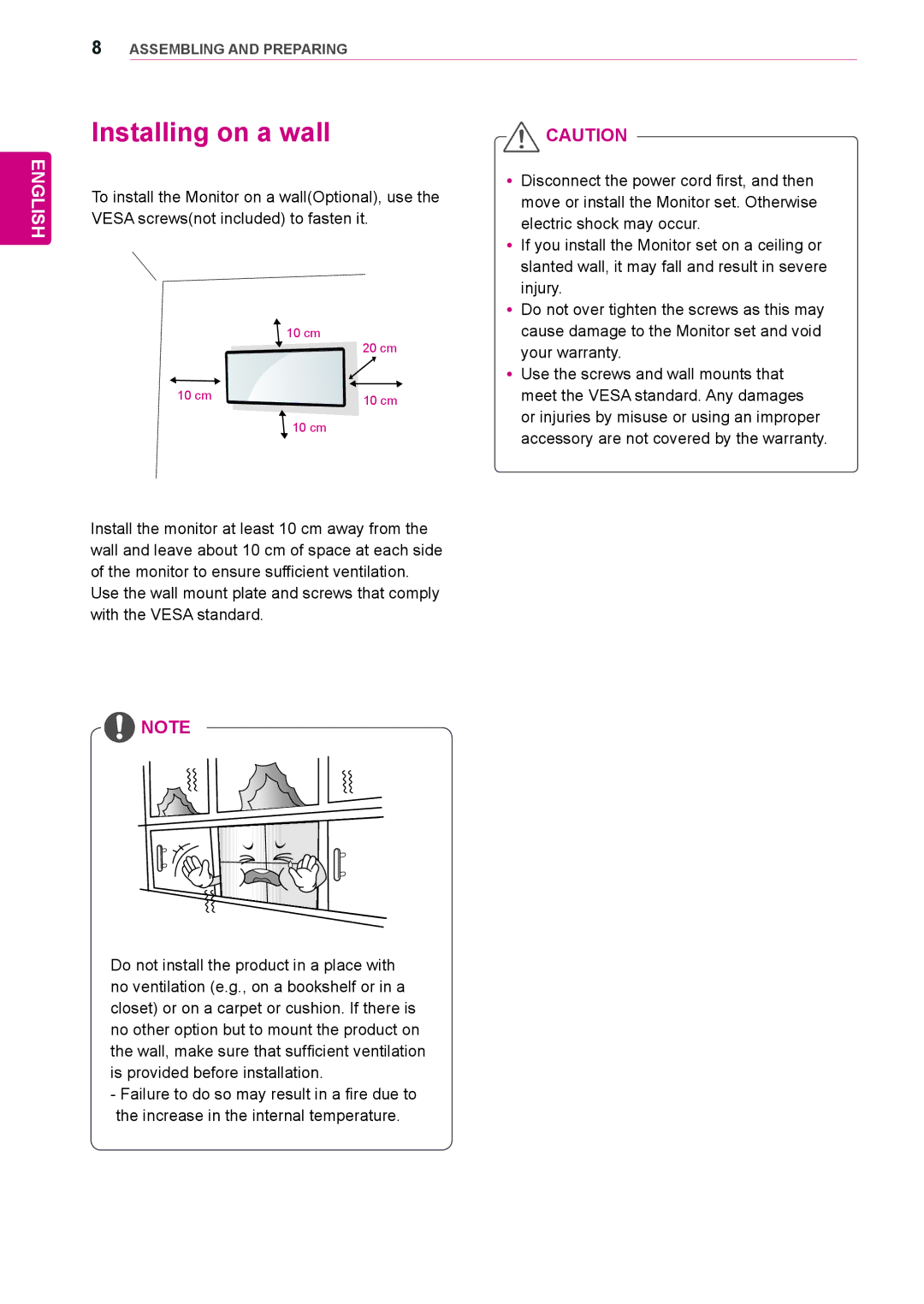 LG Electronics 38WR50MS owner manual Installing on a wall 