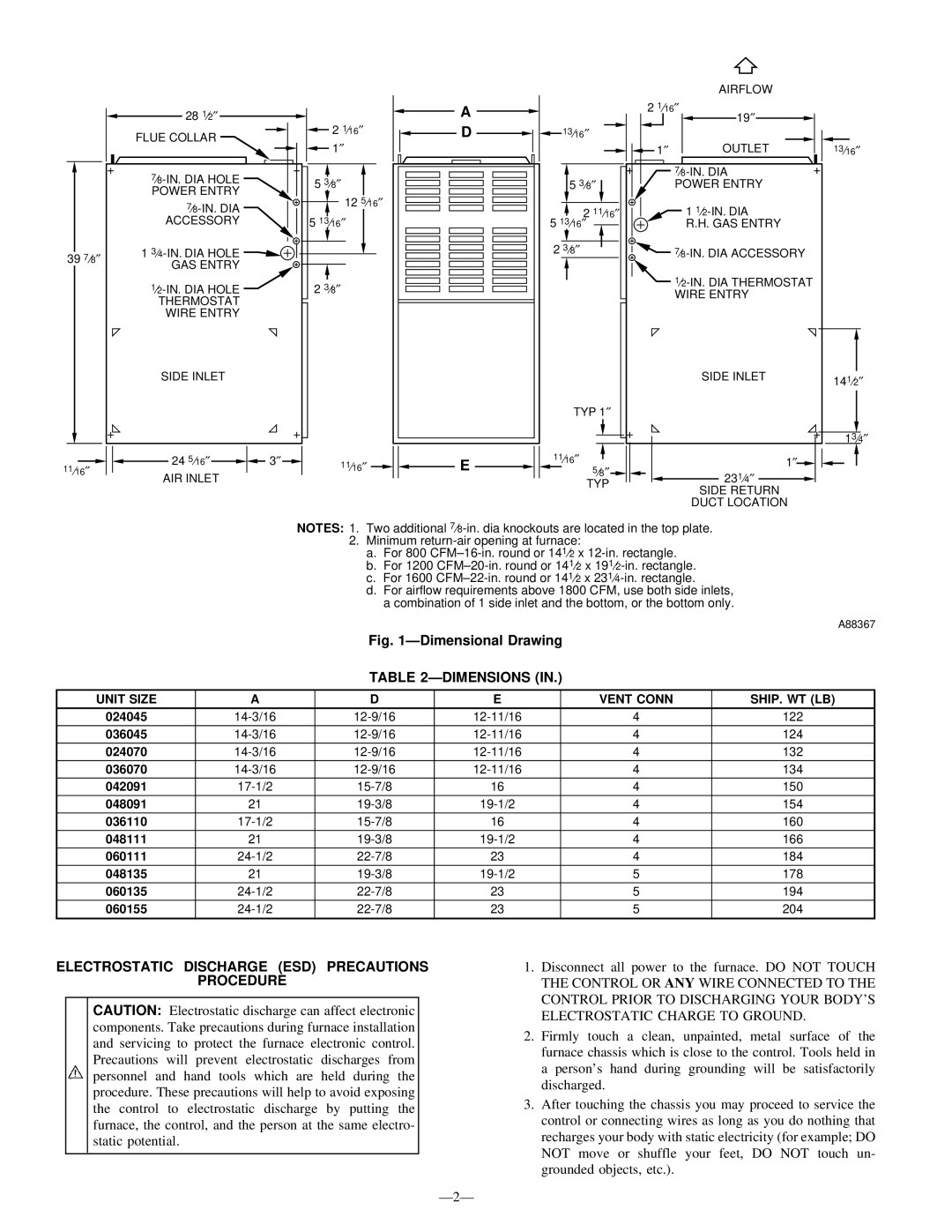 LG Electronics 395CAV Ðdimensions, Electrostatic Discharge ESD Precautions Procedure, Ð2Ð, Unit Size Vent Conn SHIP. WT LB 