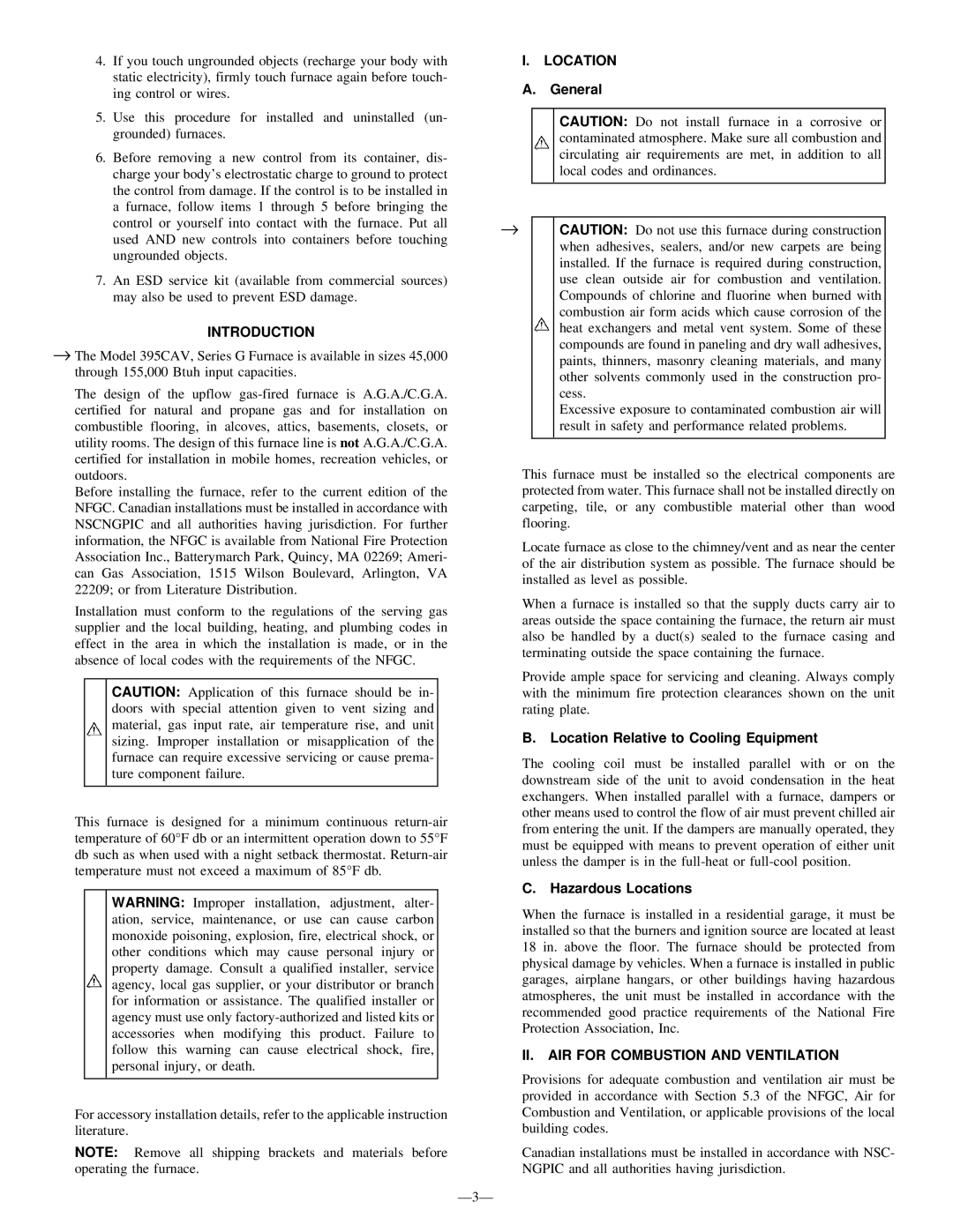 LG Electronics 395CAV installation instructions Introduction, Location, II. AIR for Combustion and Ventilation 