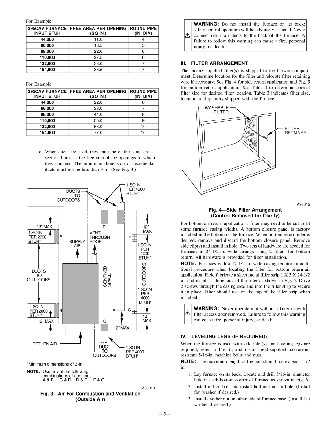 LG Electronics 395CAV installation instructions Ð5Ð, III. Filter Arrangement, IV. Leveling Legs if Required 