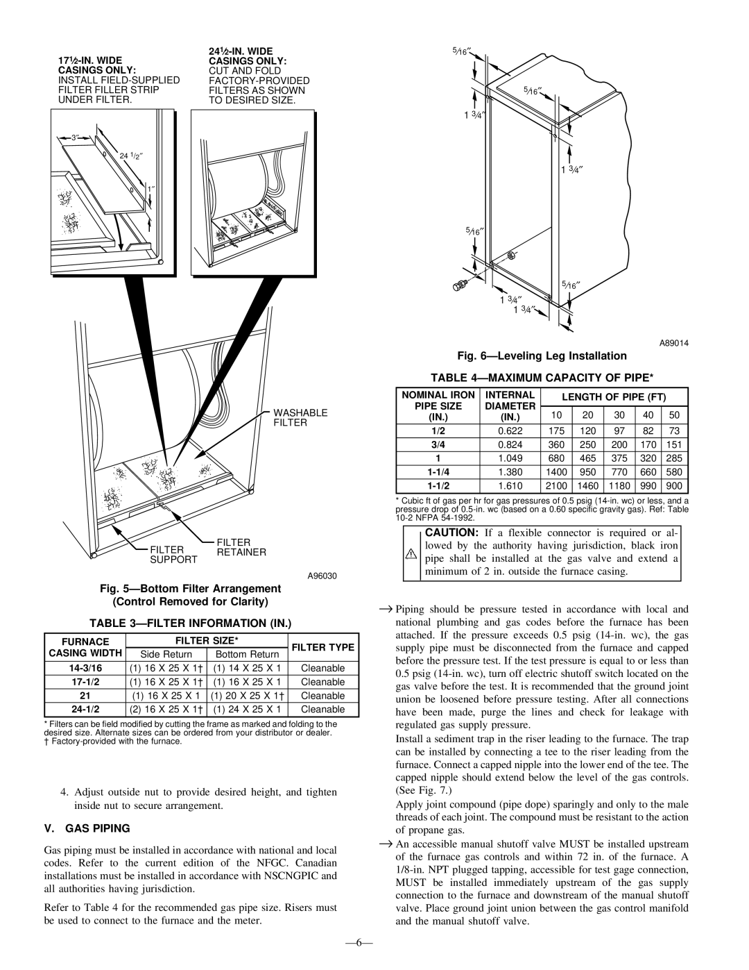 LG Electronics 395CAV installation instructions Ðfilter Information, GAS Piping, Ð6Ð, Ðmaximum Capacity of Pipe 