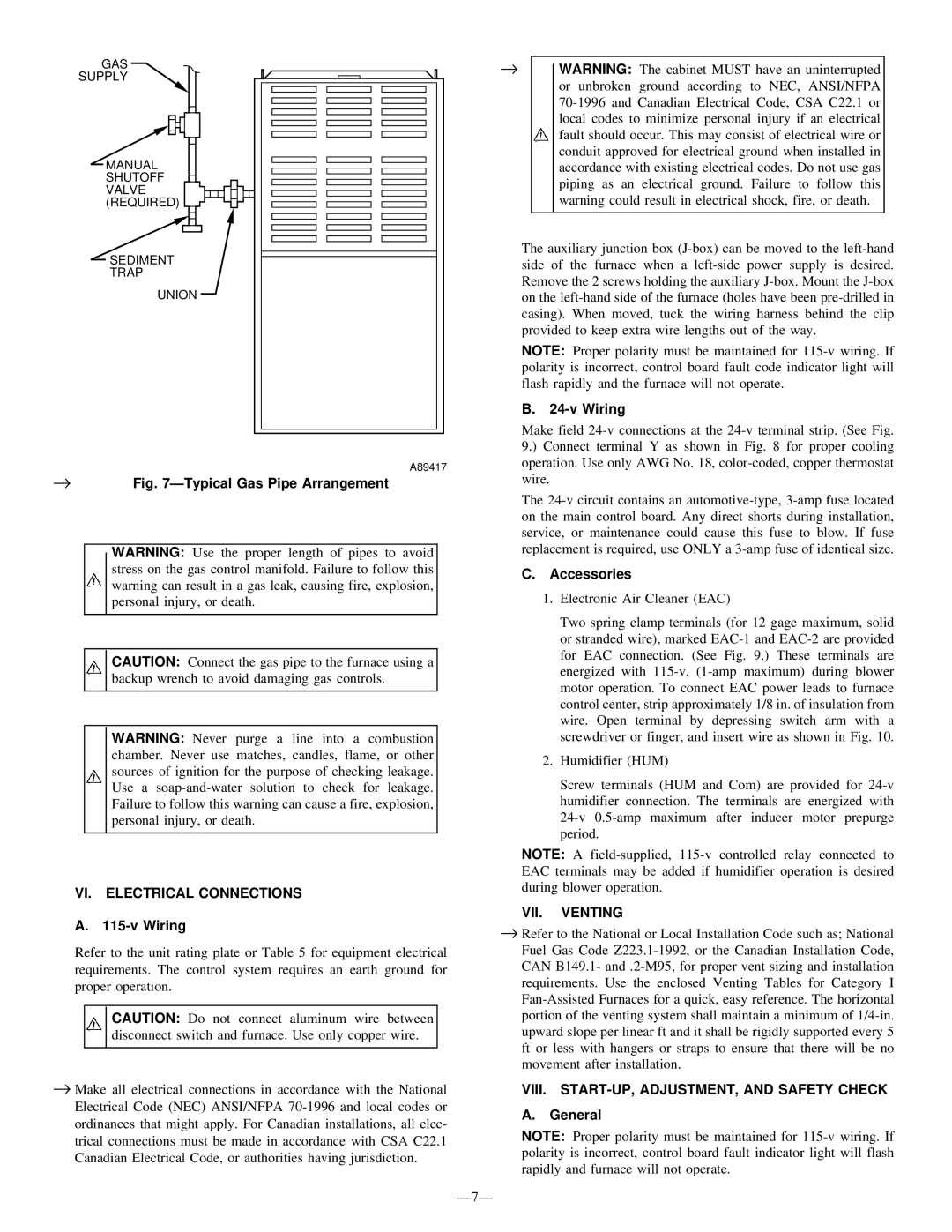 LG Electronics 395CAV installation instructions VI. Electrical Connections, Wiring, Accessories, VII. Venting 