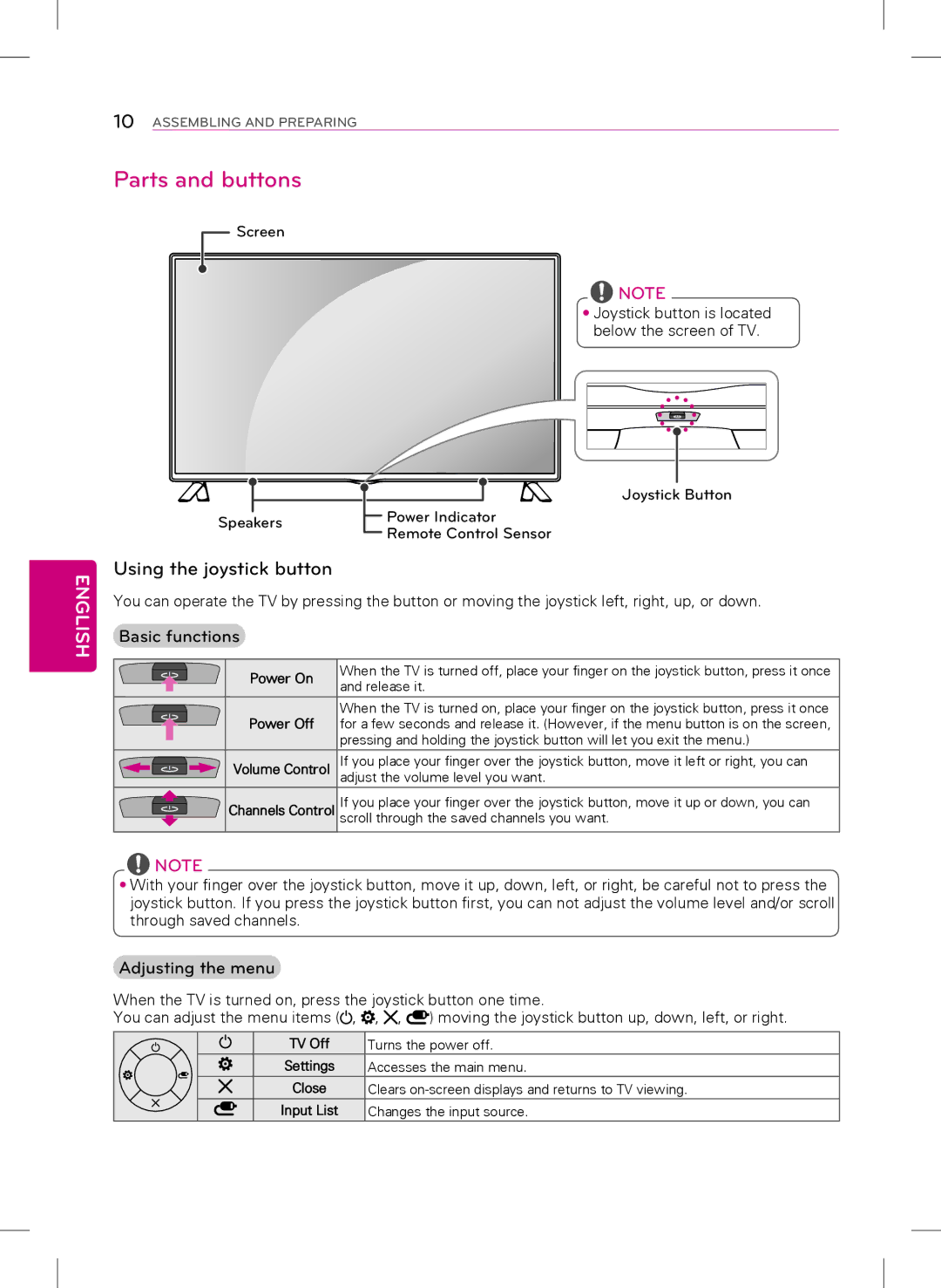 LG Electronics 39LB5600, 42LB5600 Parts and buttons, Using the joystick button, Basic functions, Adjusting the menu 