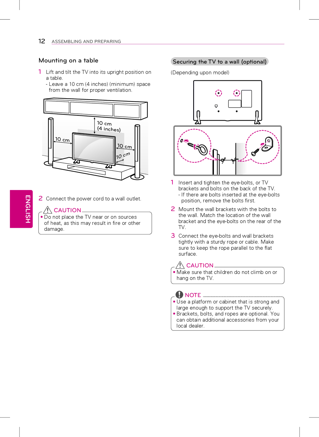 LG Electronics 39LB5600, 42LB5600 owner manual Mounting on a table, Securing the TV to a wall optional 