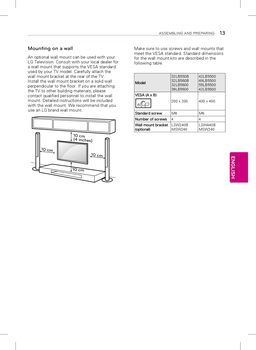 LG Electronics 42LB5600, 39LB5600 owner manual Mounting on a wall, Cm 10 cm 