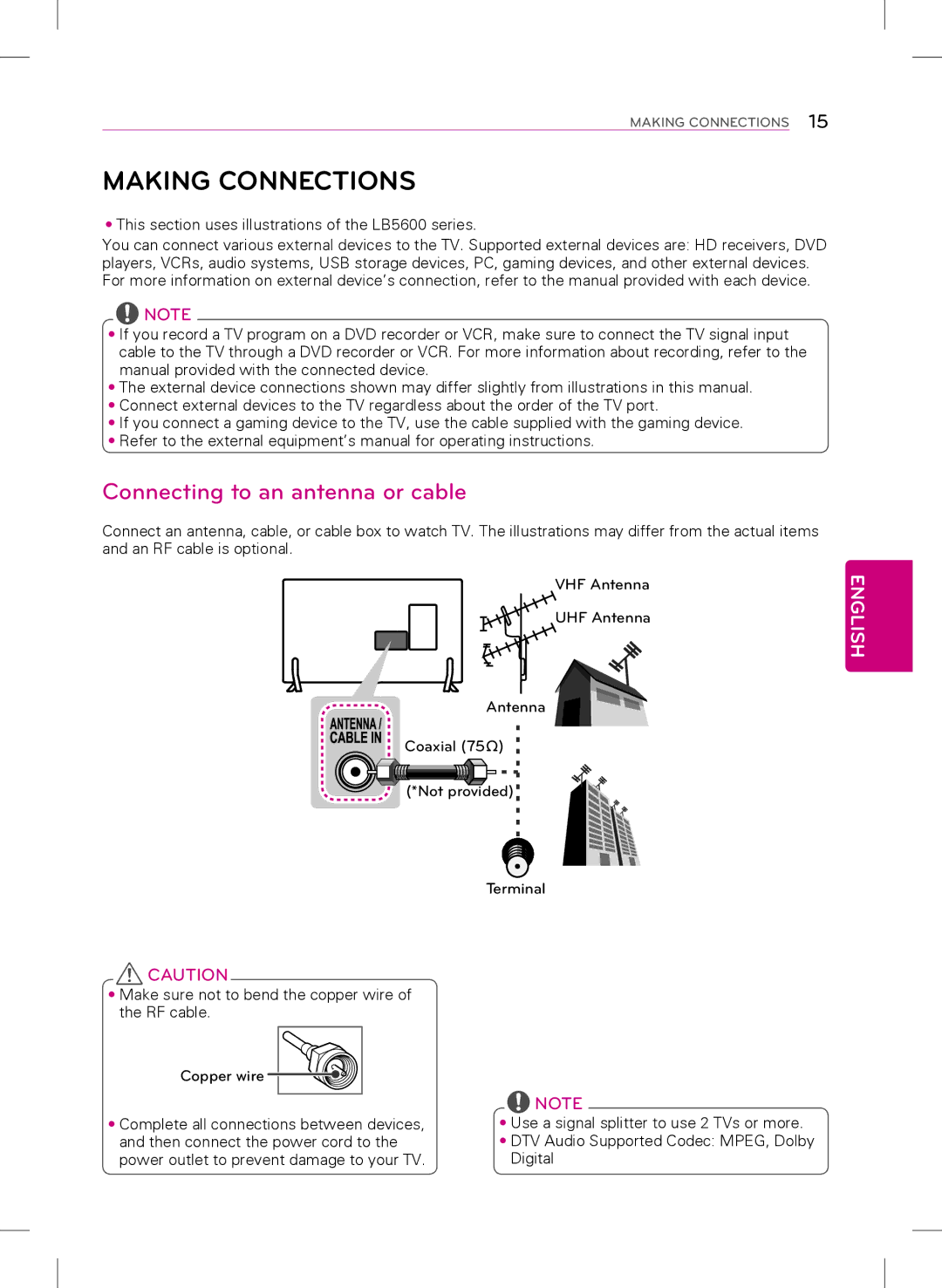 LG Electronics 42LB5600, 39LB5600 owner manual Making Connections, Connecting to an antenna or cable 