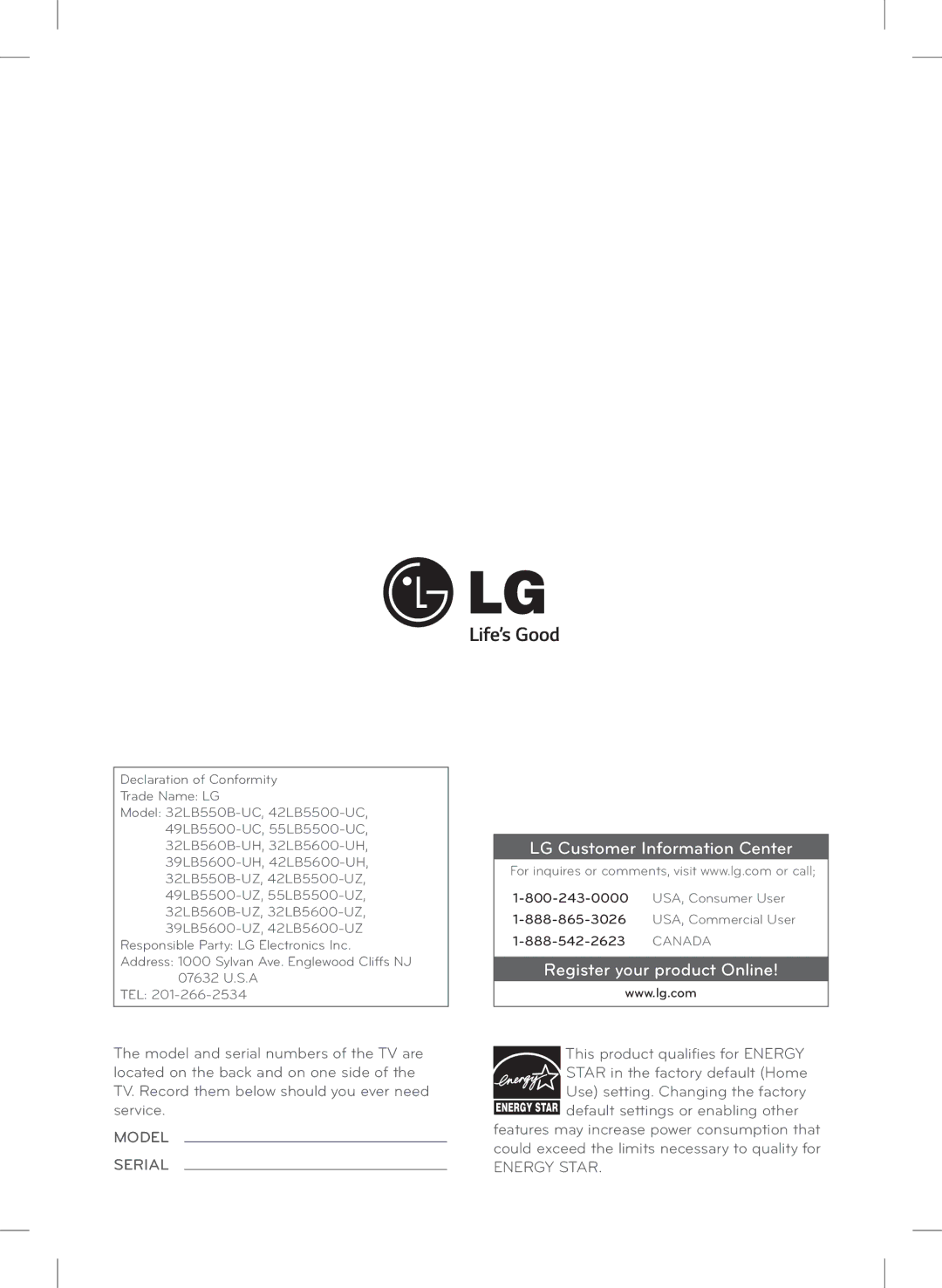 LG Electronics 39LB5600, 42LB5600 owner manual LG Customer Information Center 