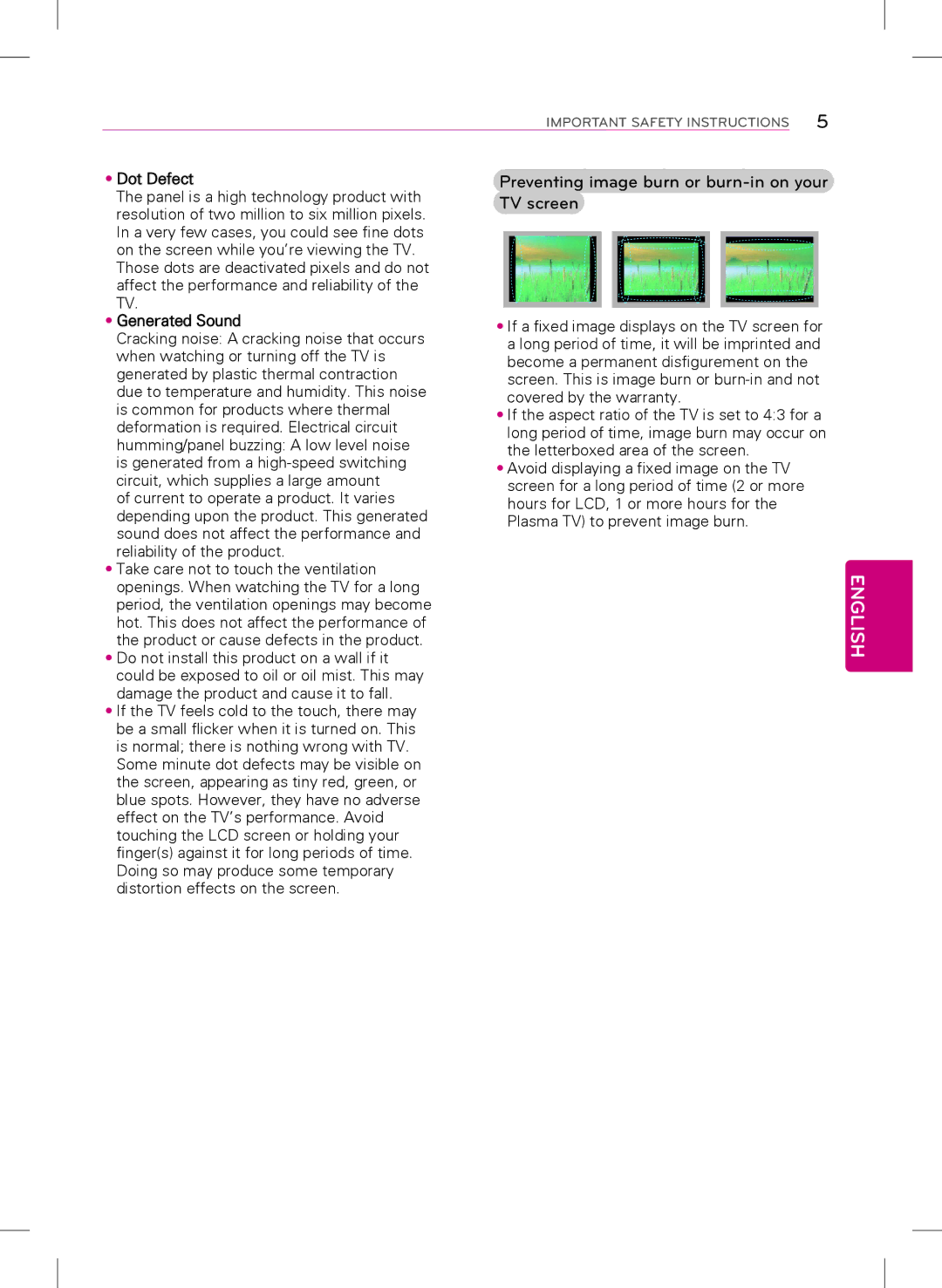 LG Electronics 42LB5600, 39LB5600 Preventing image burn or burn-in on your TV screen, Dot Defect, Generated Sound 