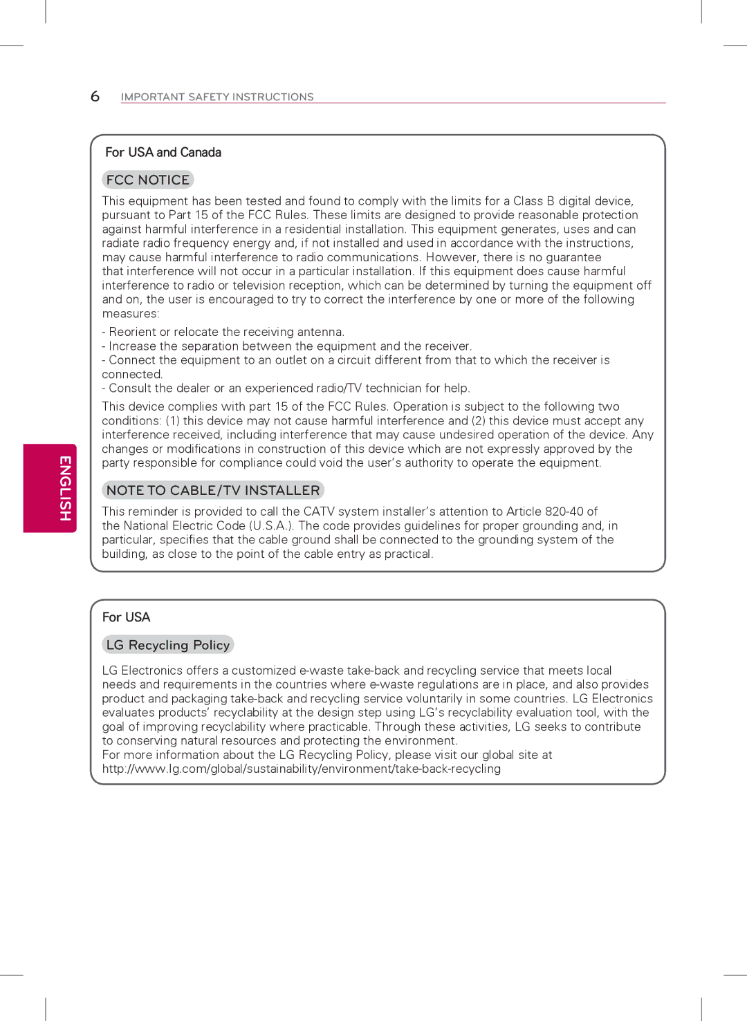 LG Electronics 39LB5600, 42LB5600 owner manual LG Recycling Policy, For USA and Canada 