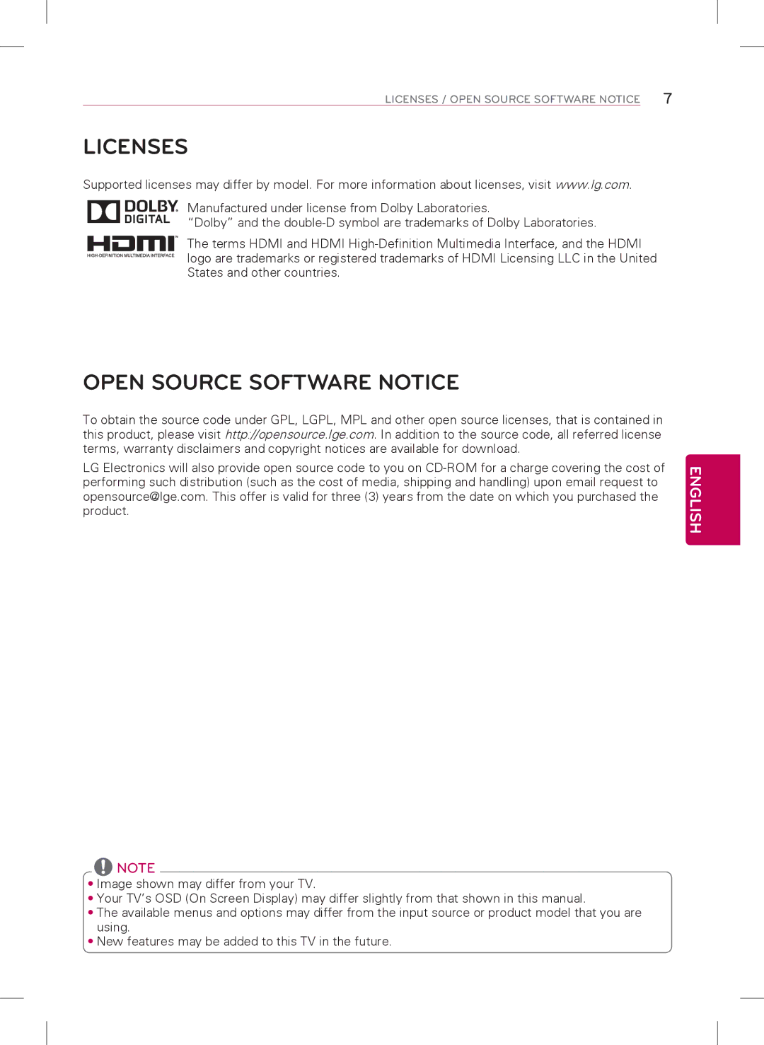 LG Electronics 42LB5600, 39LB5600 owner manual Licenses, Open Source Software Notice 