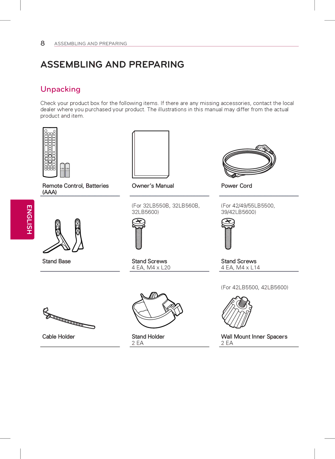 LG Electronics 39LB5600, 42LB5600 owner manual Assembling and Preparing, Unpacking, Remote Control, Batteries Power Cord 