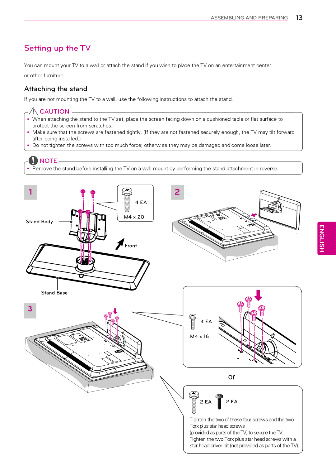 LG Electronics 39LP645H, 32LP645H, 55LP645H, 47LP645H, 42LP645H, 60LP645H, 42LP621H manual Setting up the TV, Attaching the stand 