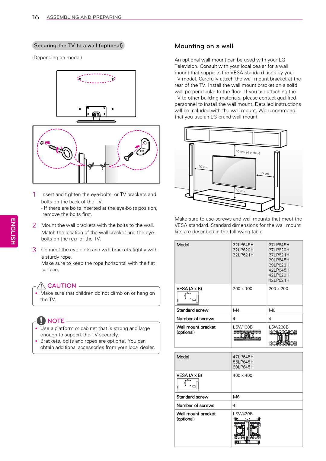 LG Electronics 47LP645H, 39LP645H, 32LP645H, 55LP645H manual Mounting on a wall, Securing the TV to a wall optional, LSW430B 