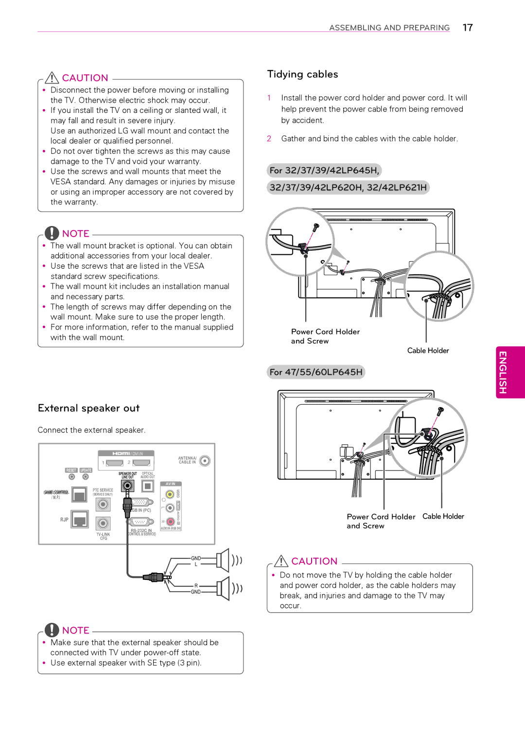 LG Electronics 39LP645H Tidying cables, External speaker out, For 32/37/39/42LP645H, 32/37/39/42LP620H, 32/42LP621H 