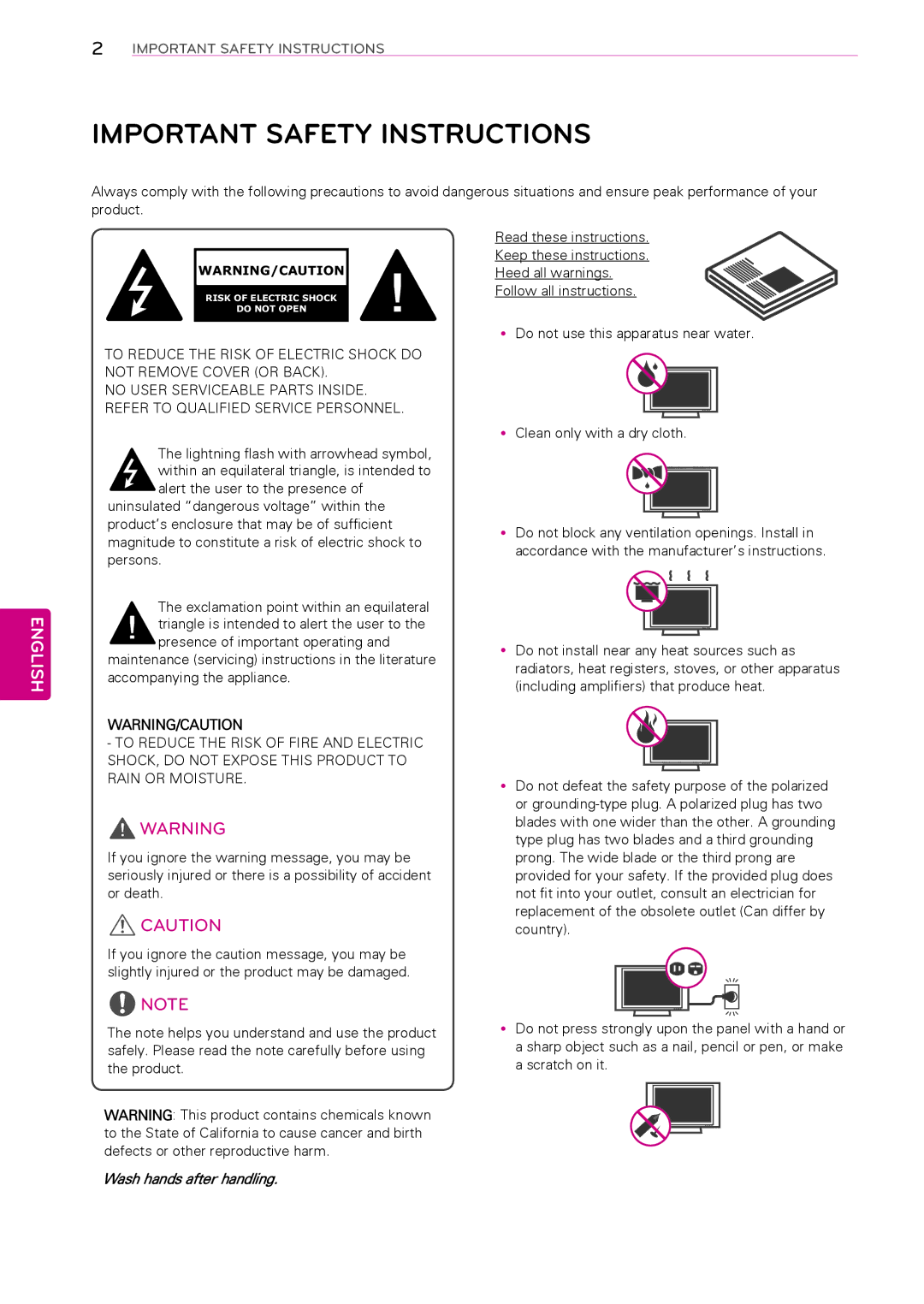 LG Electronics 55LP645H, 39LP645H, 32LP645H, 47LP645H, 42LP645H, 60LP645H, 42LP621H manual Important Safety Instructions, English 