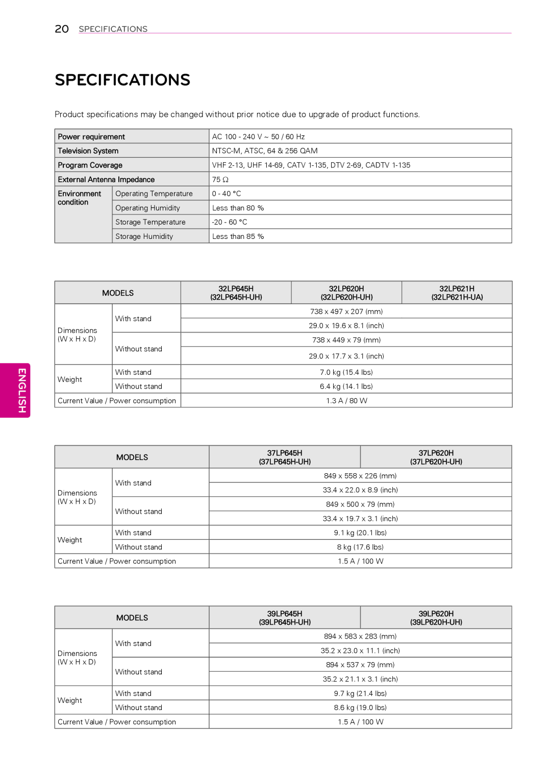 LG Electronics 42LP620H, 39LP645H, 32LP645H, 55LP645H, 47LP645H, 42LP645H, 60LP645H, 42LP621H, 32LP620H Specifications, Models 