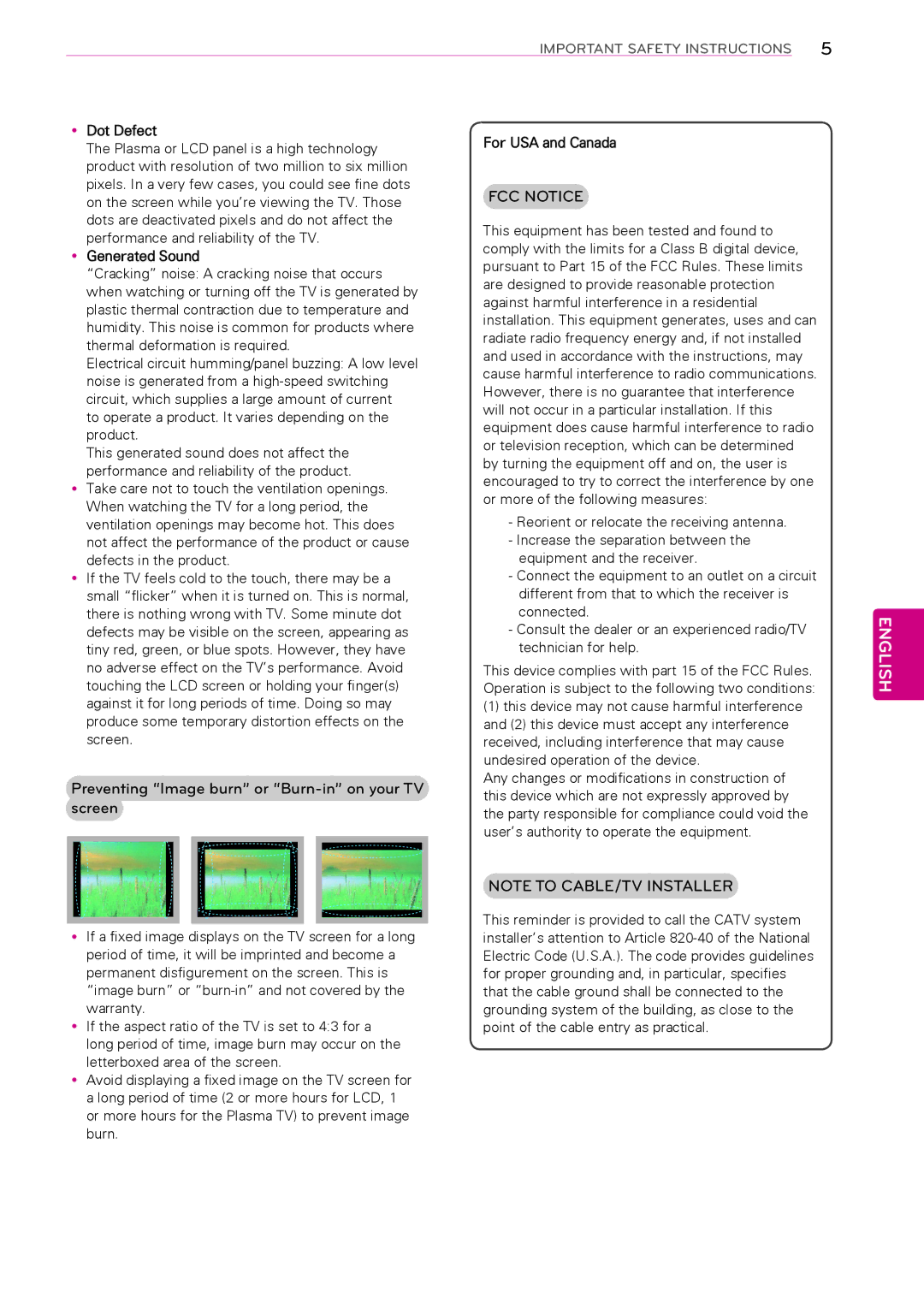 LG Electronics 60LP645H, 39LP645H, 32LP645H, 55LP645H, 47LP645H, 42LP645H Preventing Image burn or Burn-in on your TV, Screen 