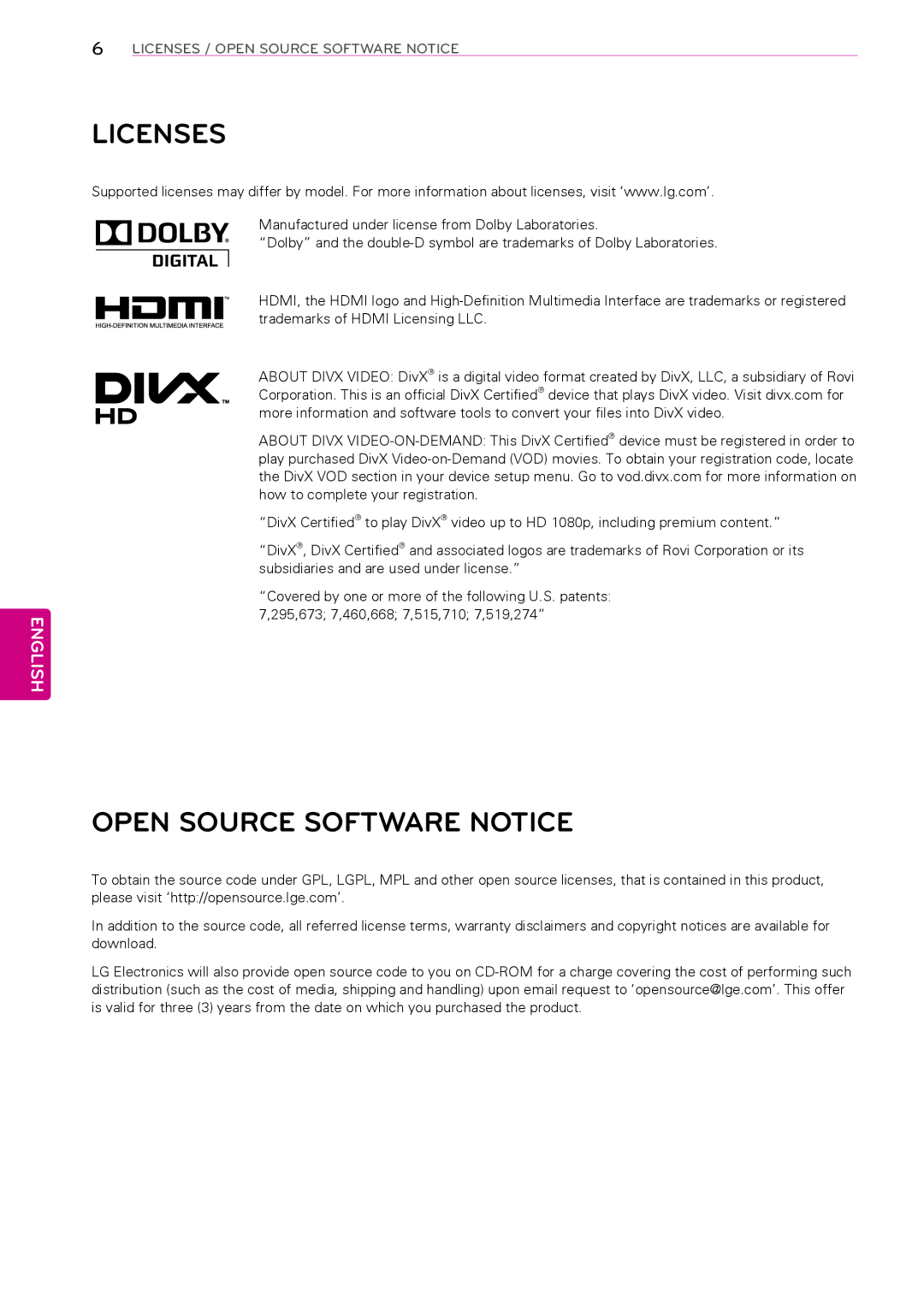 LG Electronics 42LP621H, 39LP645H, 32LP645H, 55LP645H, 47LP645H, 42LP645H, 60LP645H manual Licenses, Open Source Software Notice 