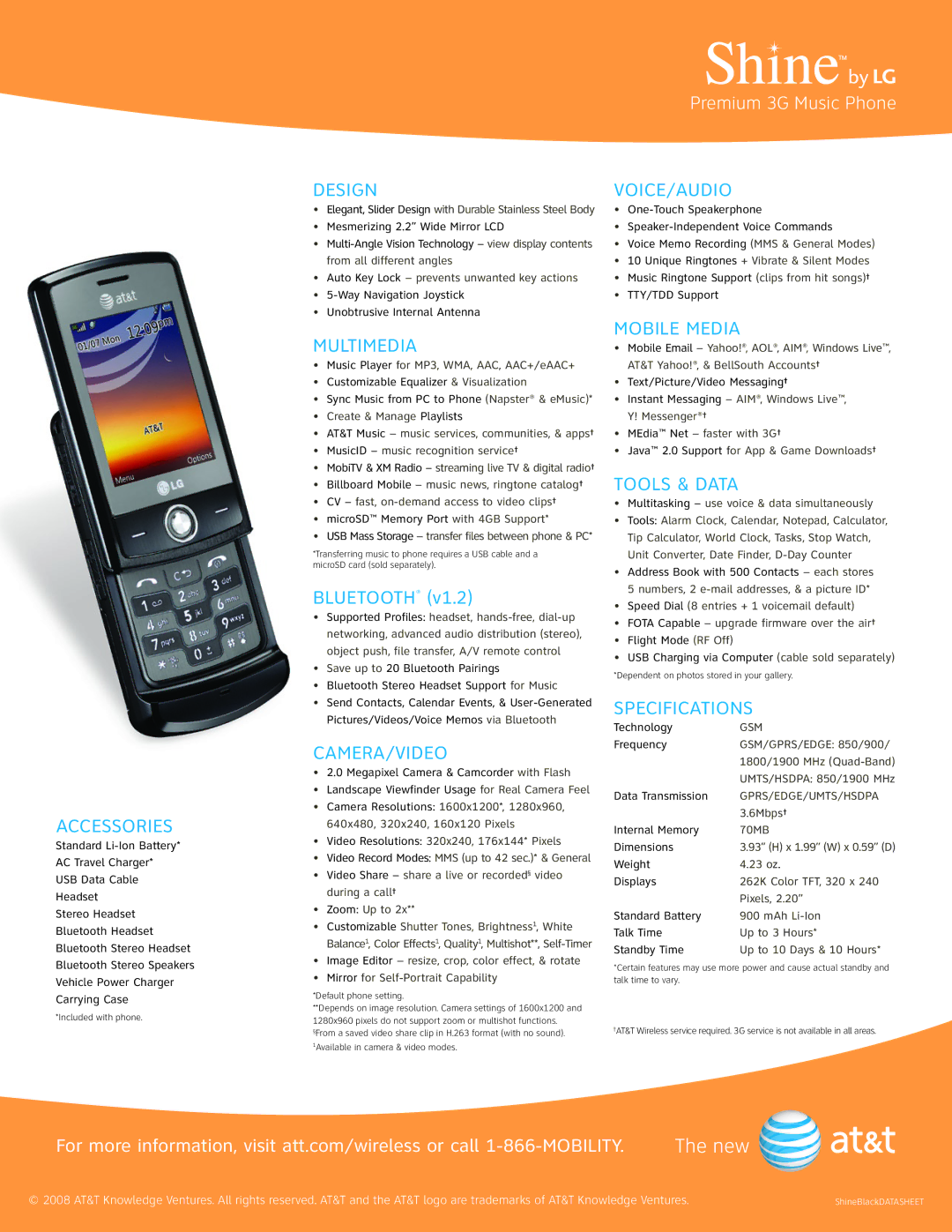 LG Electronics 3g manual Accessories, Design, Voice/Audio, Mobile Media, Tools & Data 