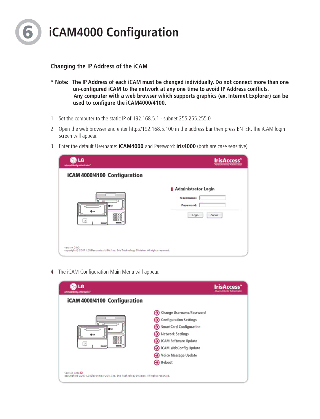 LG Electronics quick start ICAM4000 Configuration, Changing the IP Address of the iCAM 