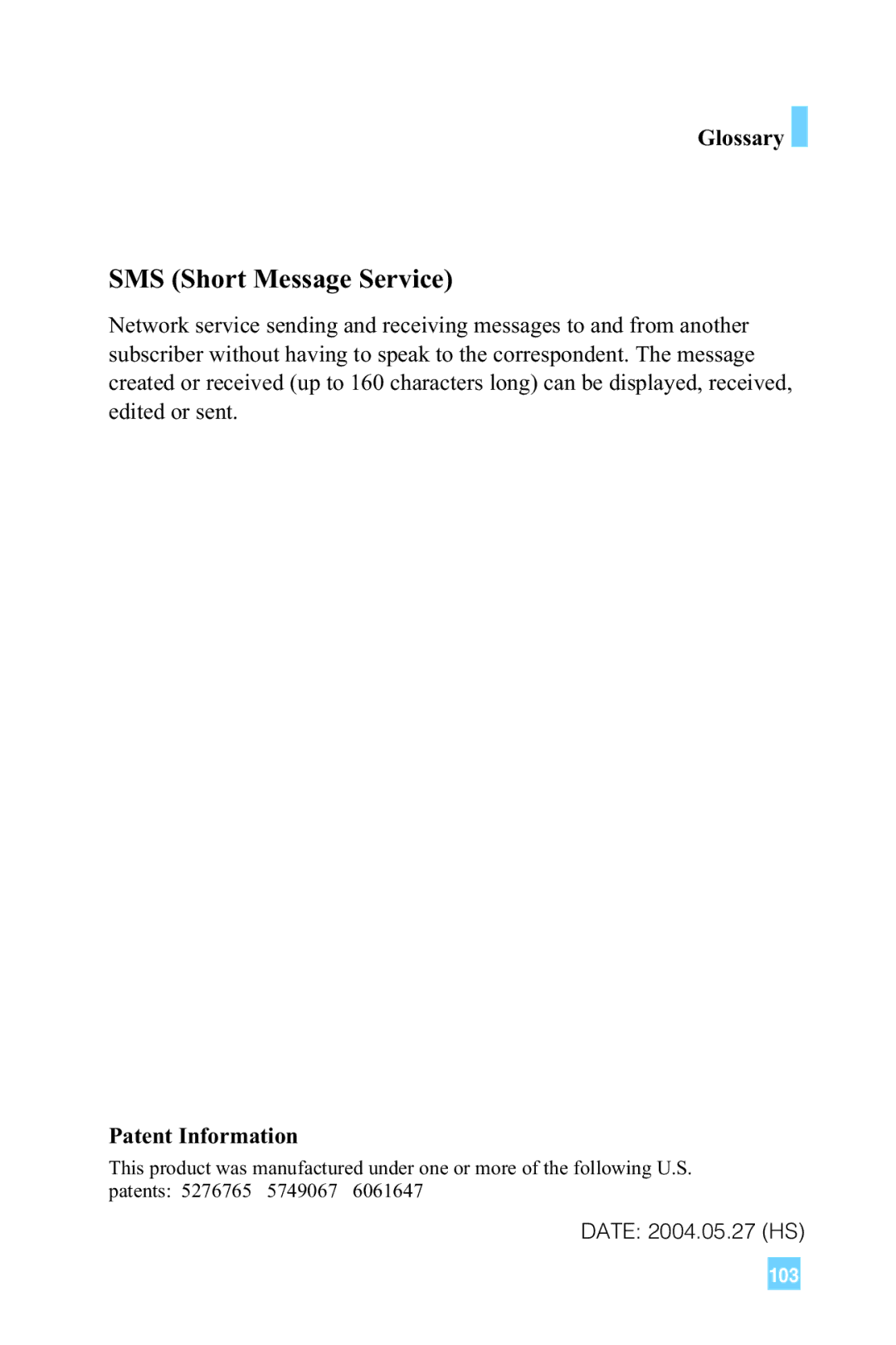 LG Electronics 4015 manual SMS Short Message Service, Patent Information 