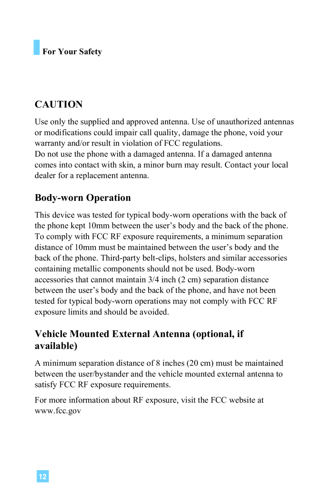 LG Electronics 4015 manual Body-worn Operation, Vehicle Mounted External Antenna optional, if available 