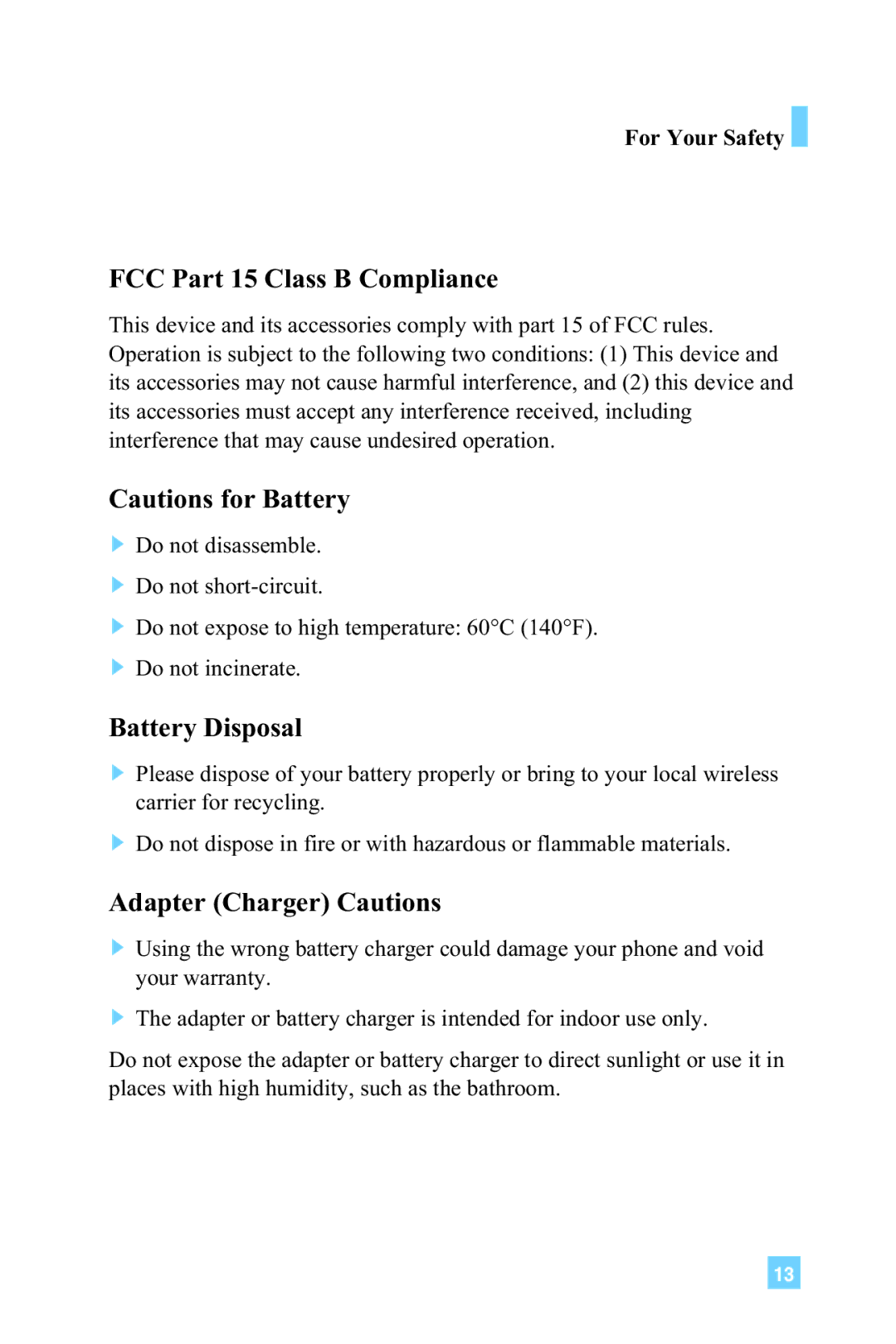 LG Electronics 4015 manual FCC Part 15 Class B Compliance, Battery Disposal, Adapter Charger Cautions 