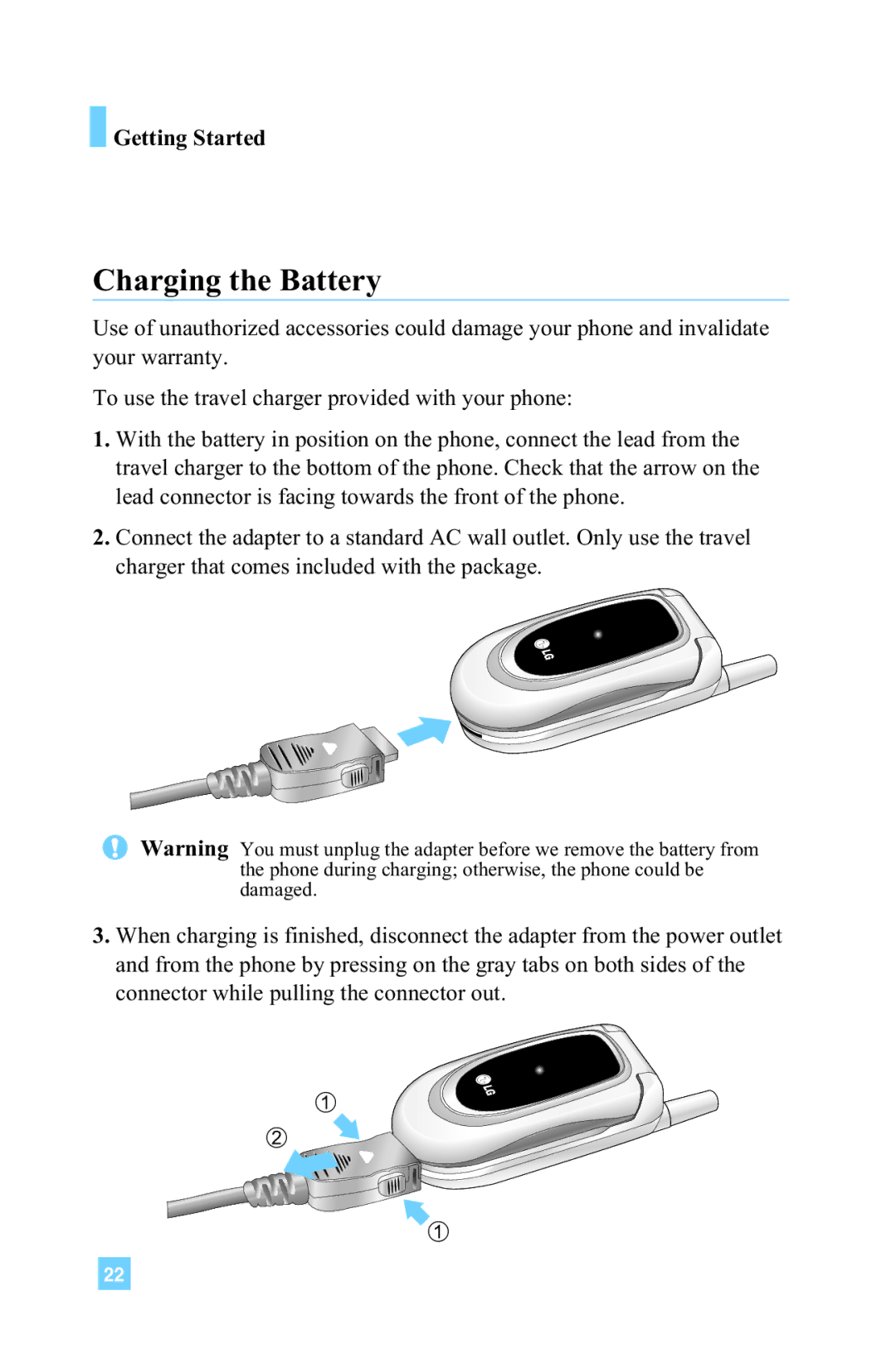 LG Electronics 4015 manual Charging the Battery 