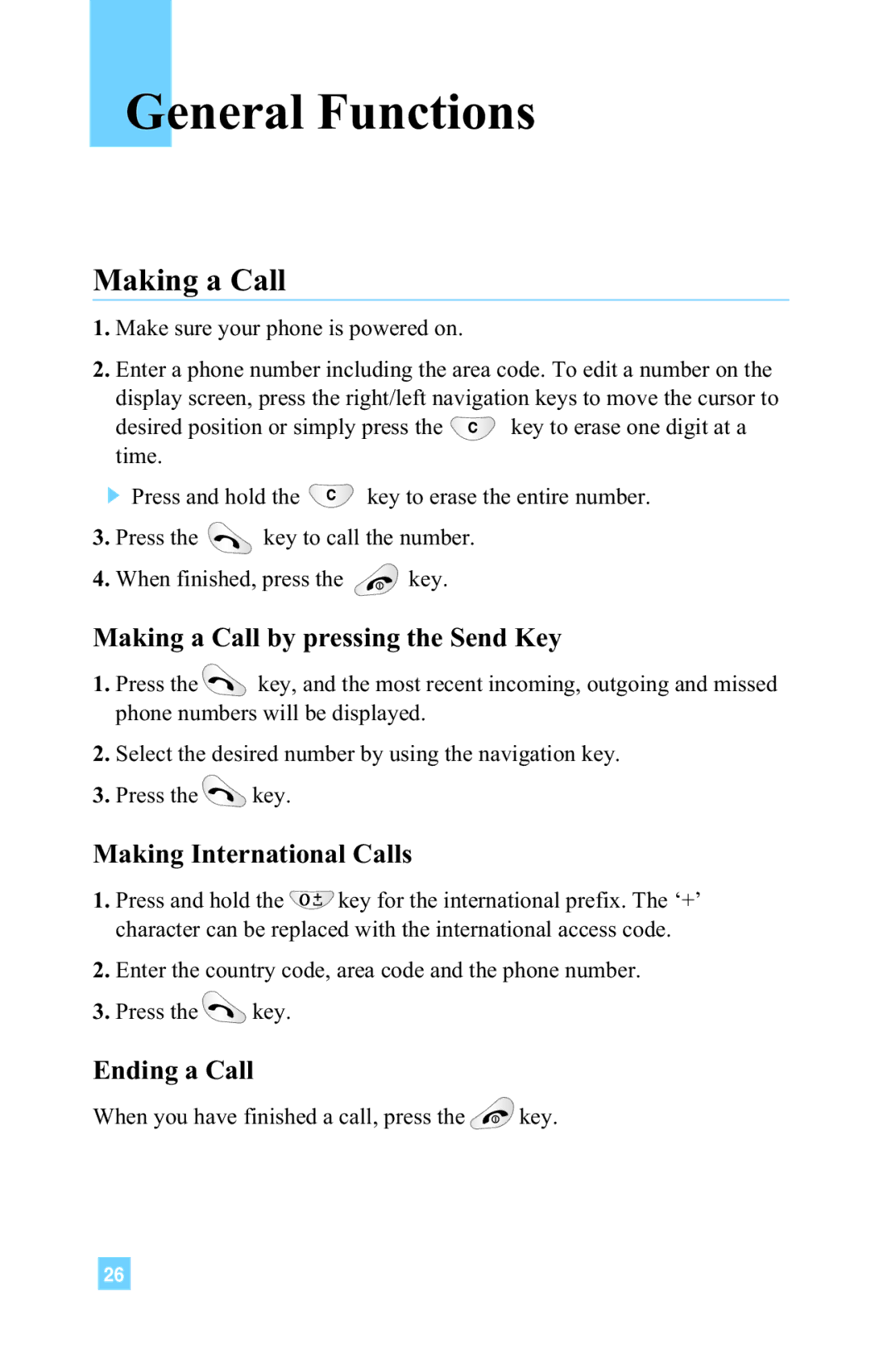 LG Electronics 4015 manual General Functions, Making a Call by pressing the Send Key, Making International Calls 