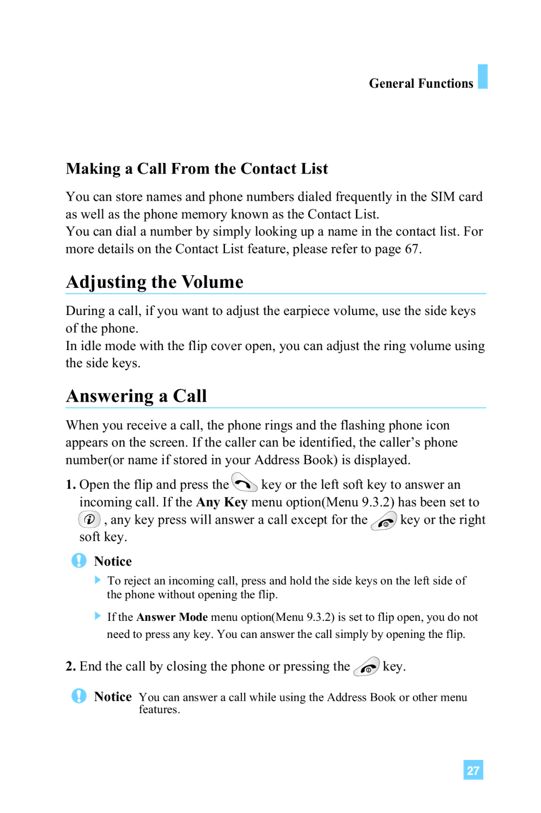 LG Electronics 4015 manual Adjusting the Volume, Answering a Call, Making a Call From the Contact List, General Functions 