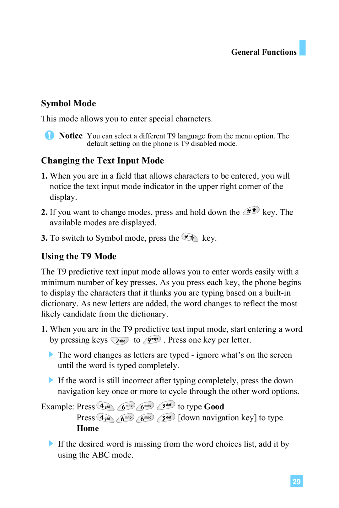 LG Electronics 4015 manual General Functions Symbol Mode, Changing the Text Input Mode, Using the T9 Mode, Home 