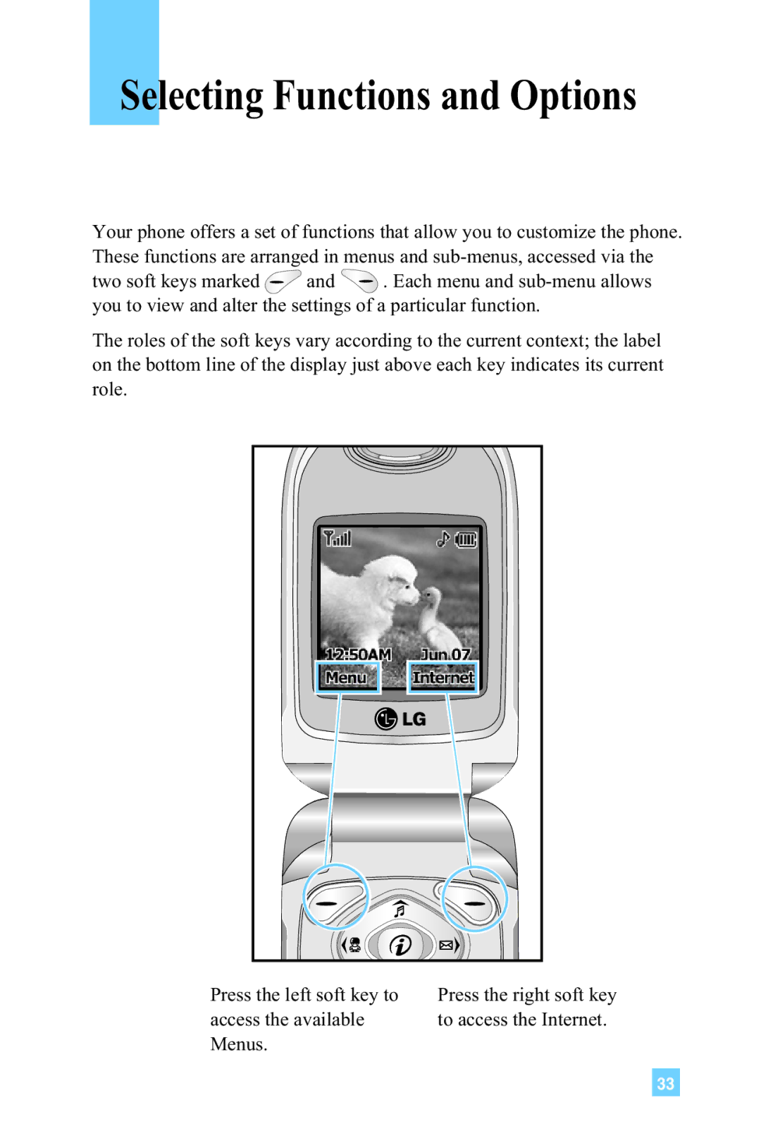 LG Electronics 4015 manual Selecting Functions and Options 