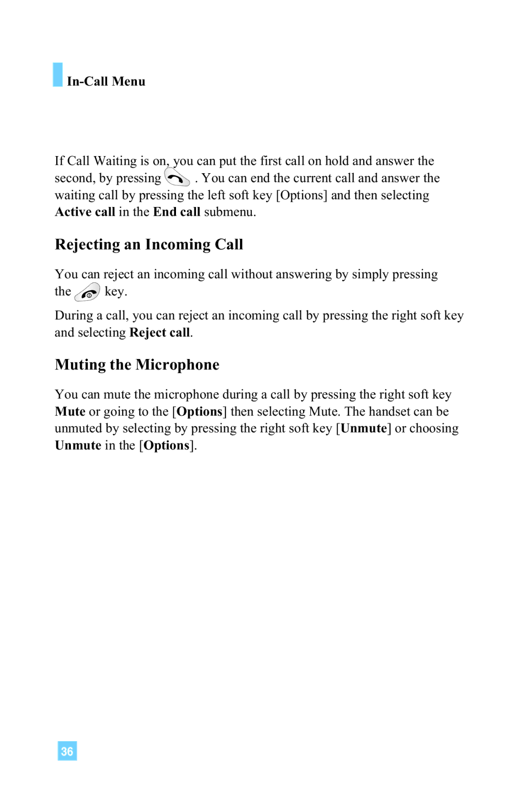 LG Electronics 4015 manual Rejecting an Incoming Call, Muting the Microphone, In-Call Menu 