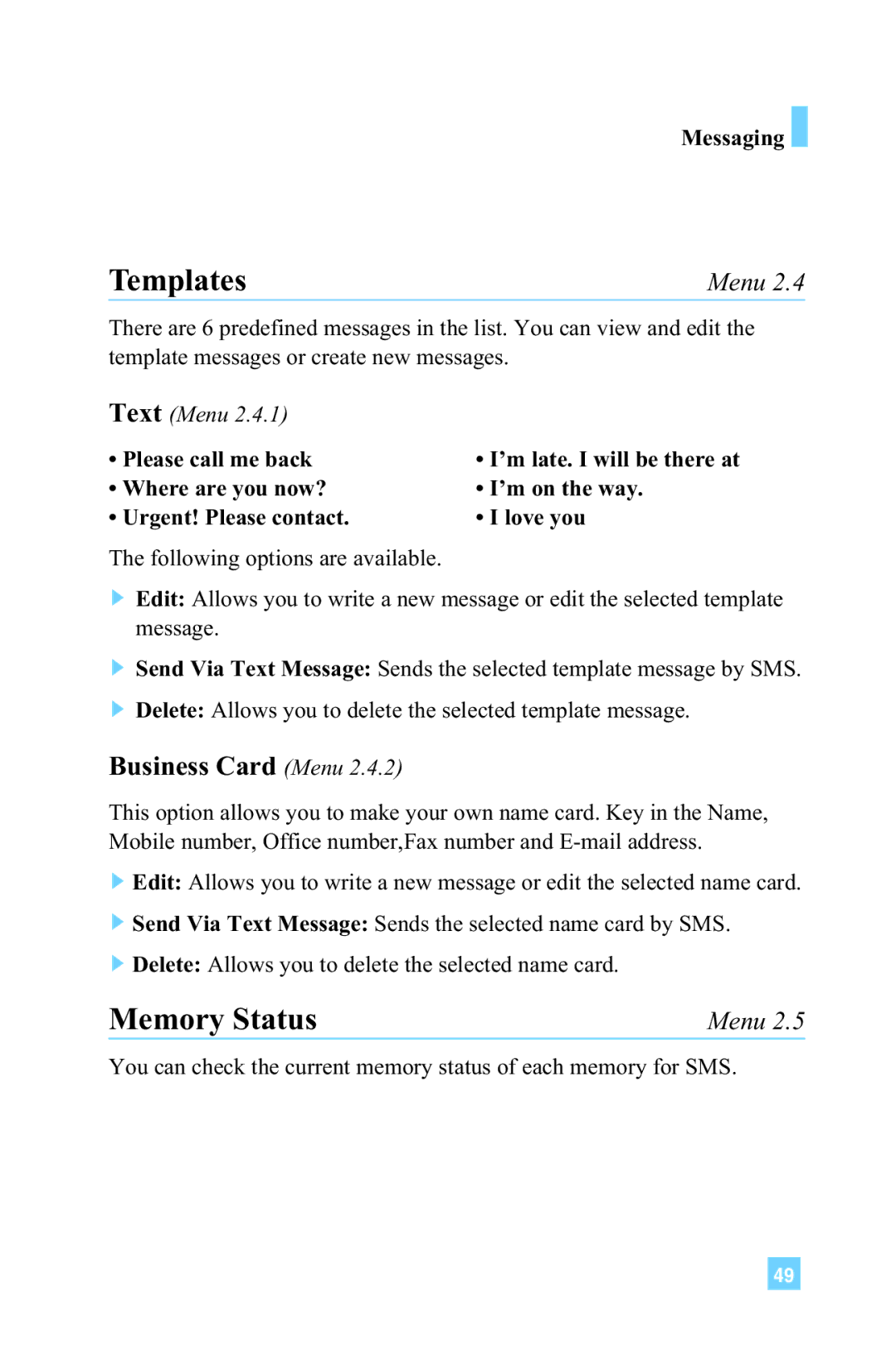 LG Electronics 4015 manual Templates, Memory Status, Business Card Menu, Please call me back 