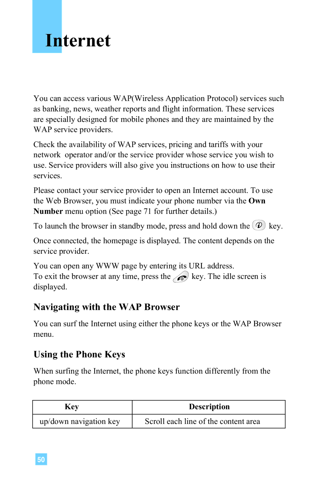 LG Electronics 4015 manual Internet, Navigating with the WAP Browser, Using the Phone Keys 